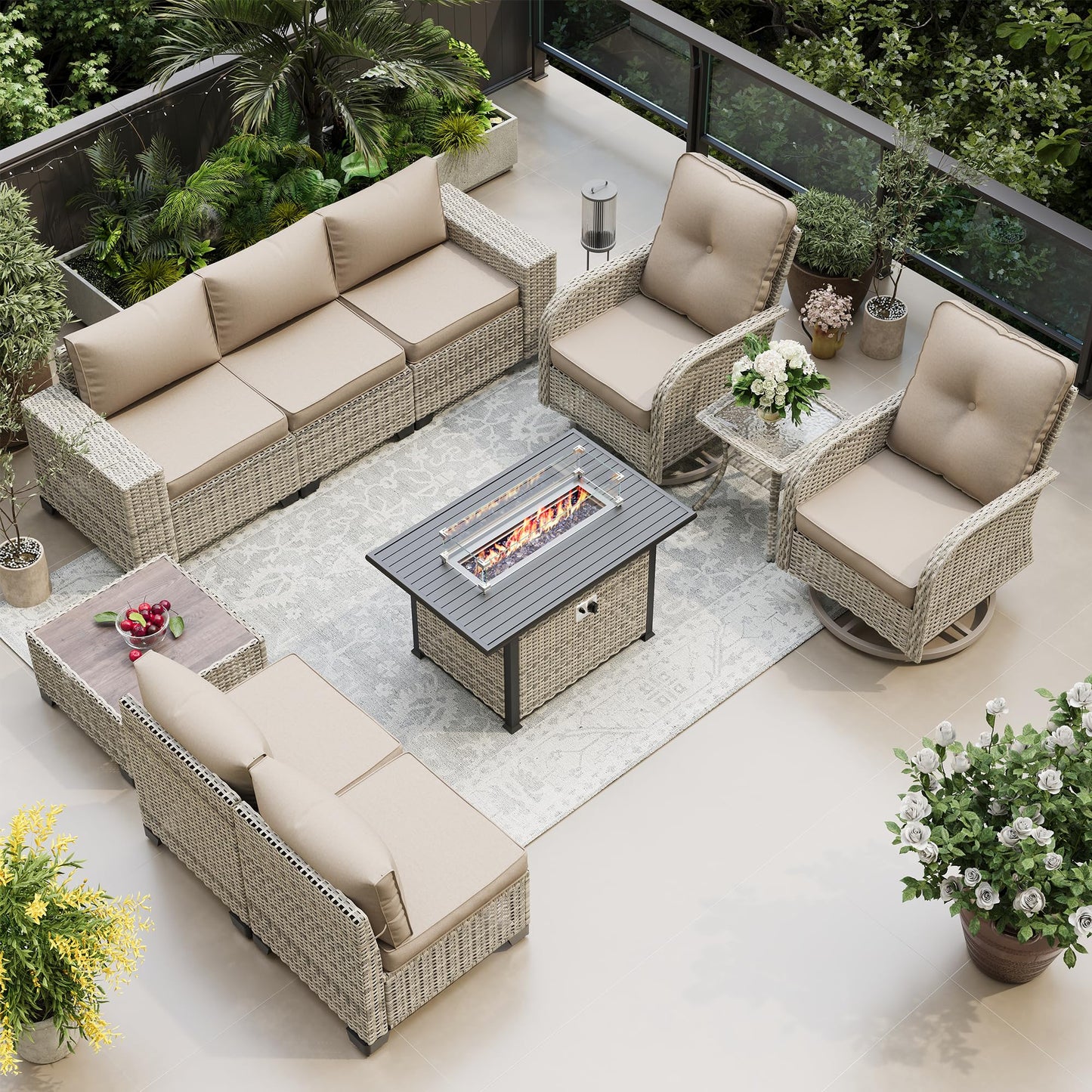 6-Piece Outdoor Patio Furniture Set Wicker Sectional Sofa Set, Patio Conversation Set with Thickened Cushions & Coffee Table for Garden, Backyard, Poolside, Beige