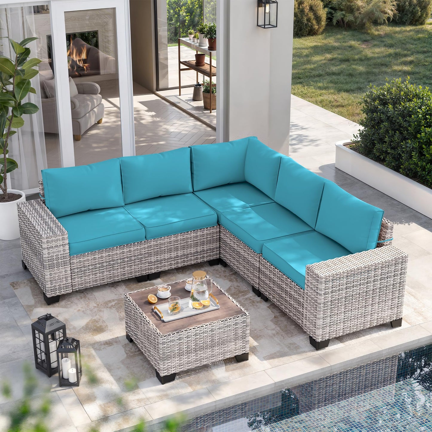6-Piece Outdoor Patio Furniture Set Wicker Sectional Sofa Set, Patio Conversation Set with Thickened Cushions & Coffee Table for Garden, Backyard, Poolside, Beige