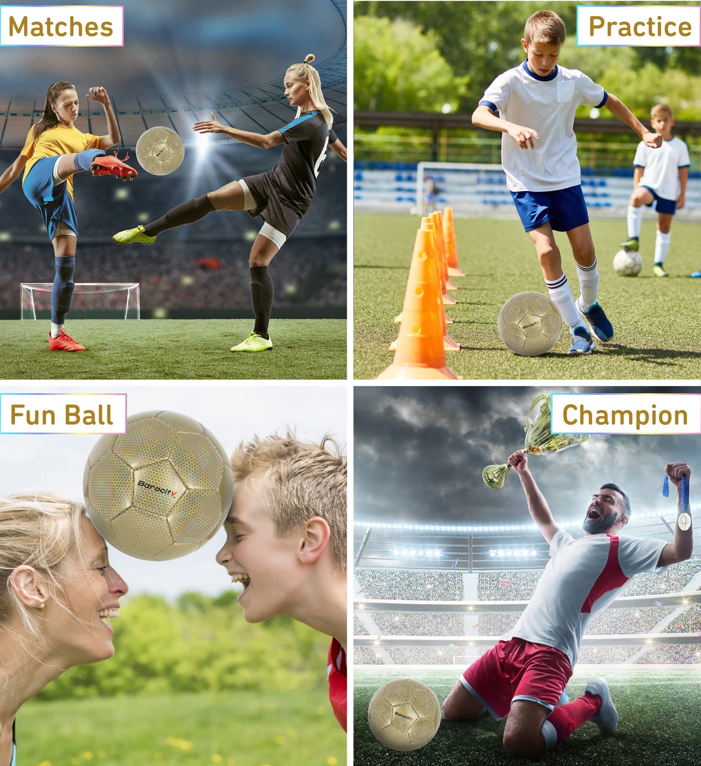 Barocity Classic Gold Size 4 Soccer Ball - Premium Outdoor and Indoor Ball with Reflective Iridescent Rainbow Hex Pattern, Perfect for Boys and Girls Playtime, Practice and Training