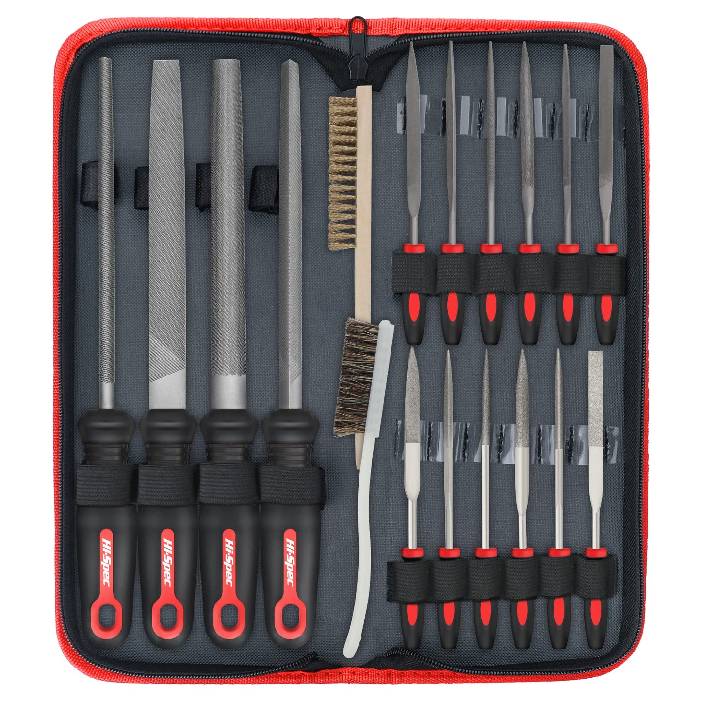 Hi-Spec 17 Piece Metal Hand & Needle File Tool Kit Set. Large & Small Mini T12 Carbon Steel Flat, Half-Round, Round & Triangle Files. Complete in a Zipper Case with a Brush