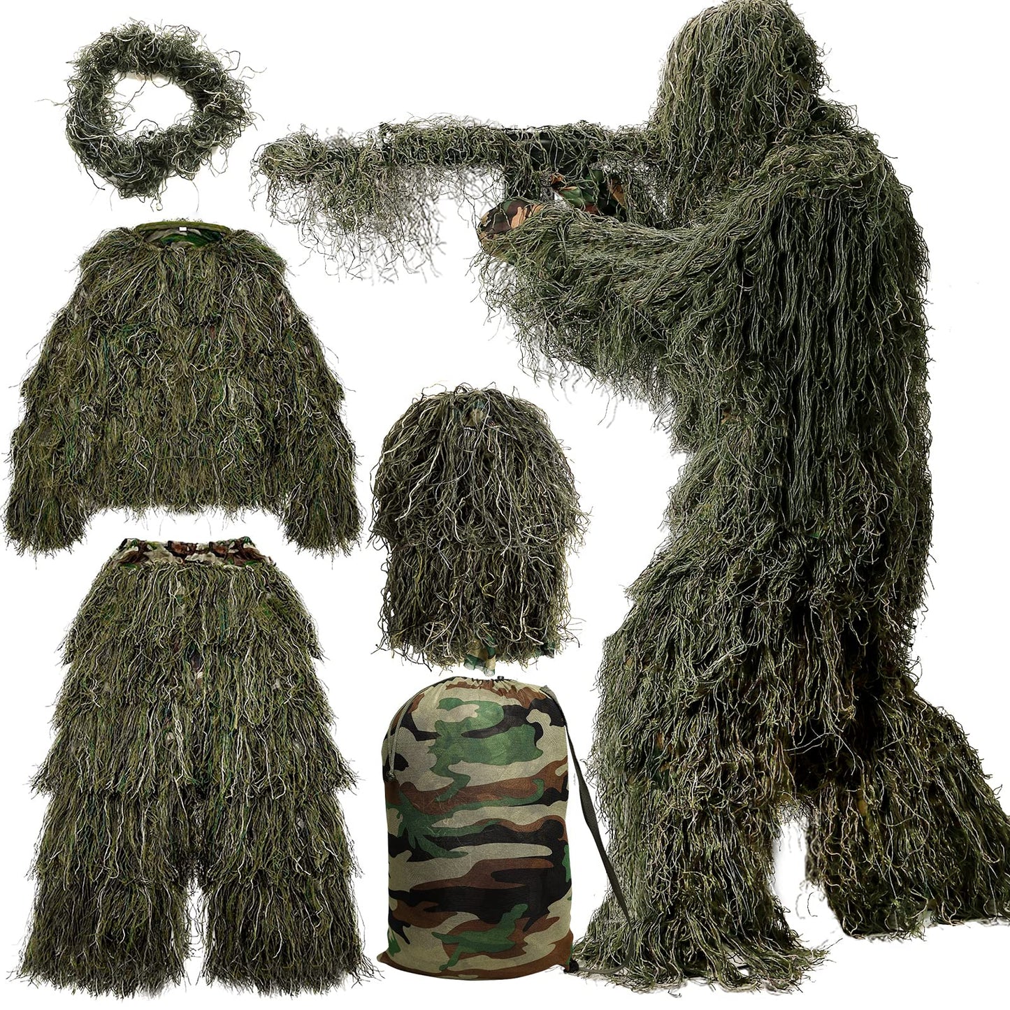 MOPHOTO 5 in 1 Ghillie Suit, 3D Camouflage Hunting Apparel Including Jacket, Pants, Hood, Carry Bag Suitable for Unisex Adults/Youth (M/L/XL/XXL)