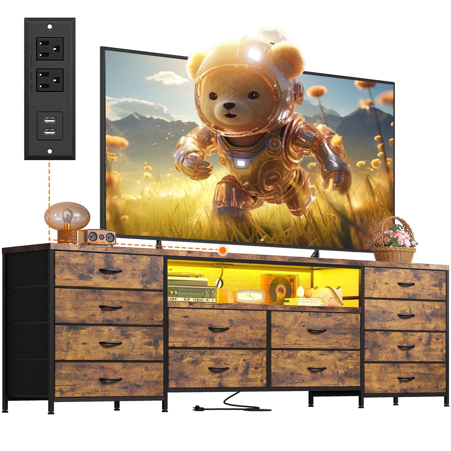EnHomee 63" W TV Stand Fits 65/70 Inch TV, 12 Drawers Dresser with LED Lights & Power Outlets, Entertainment Center Long Fabric Dresser for Bedroom, Living Room, Hallway, Rustic Brown