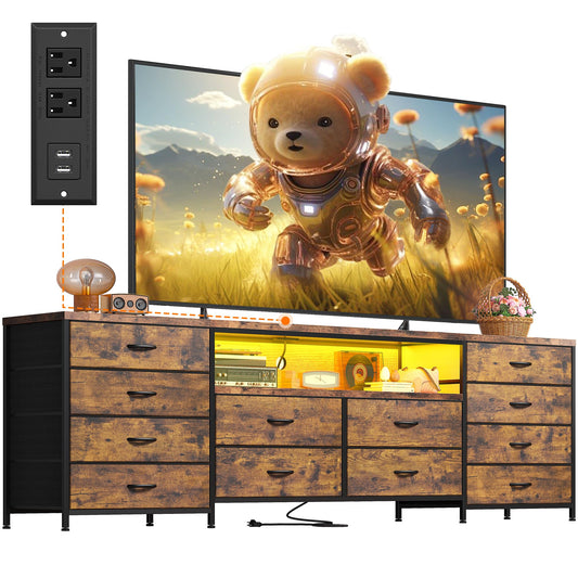 EnHomee 63" W TV Stand Fits 65/70 Inch TV, 12 Drawers Dresser with LED Lights & Power Outlets, Entertainment Center Long Fabric Dresser for Bedroom, Living Room, Hallway, Rustic Brown
