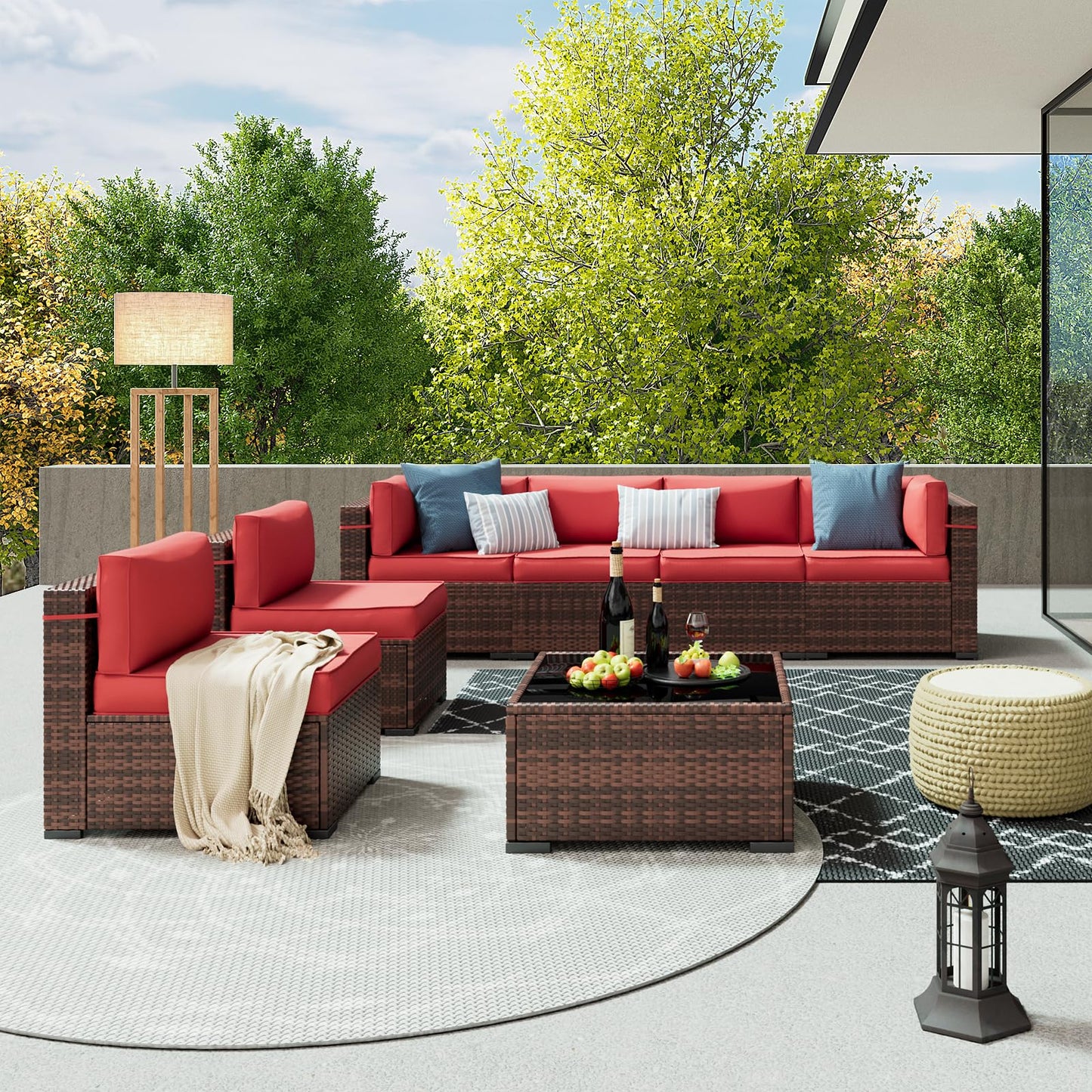 Amopatio Patio Furniture Sets, 7 Pieces Outdoor Rattan Sectional Sofa Set with Glass Table and Cushions, Wicker Patio Conversation Set for Outdoor Indoor Backyard Lawn Garden Porch (Grey)