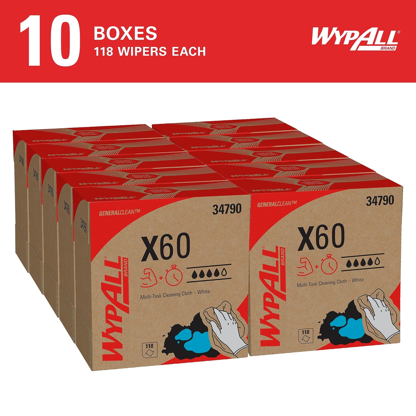 Wypall Gene Clean X60 Cloths Multi-Task Cleaning Wipes (34790), Strong and Absorbent Towels, White (10 Boxes of 118 Sheets, 1,180 Sheet Total)