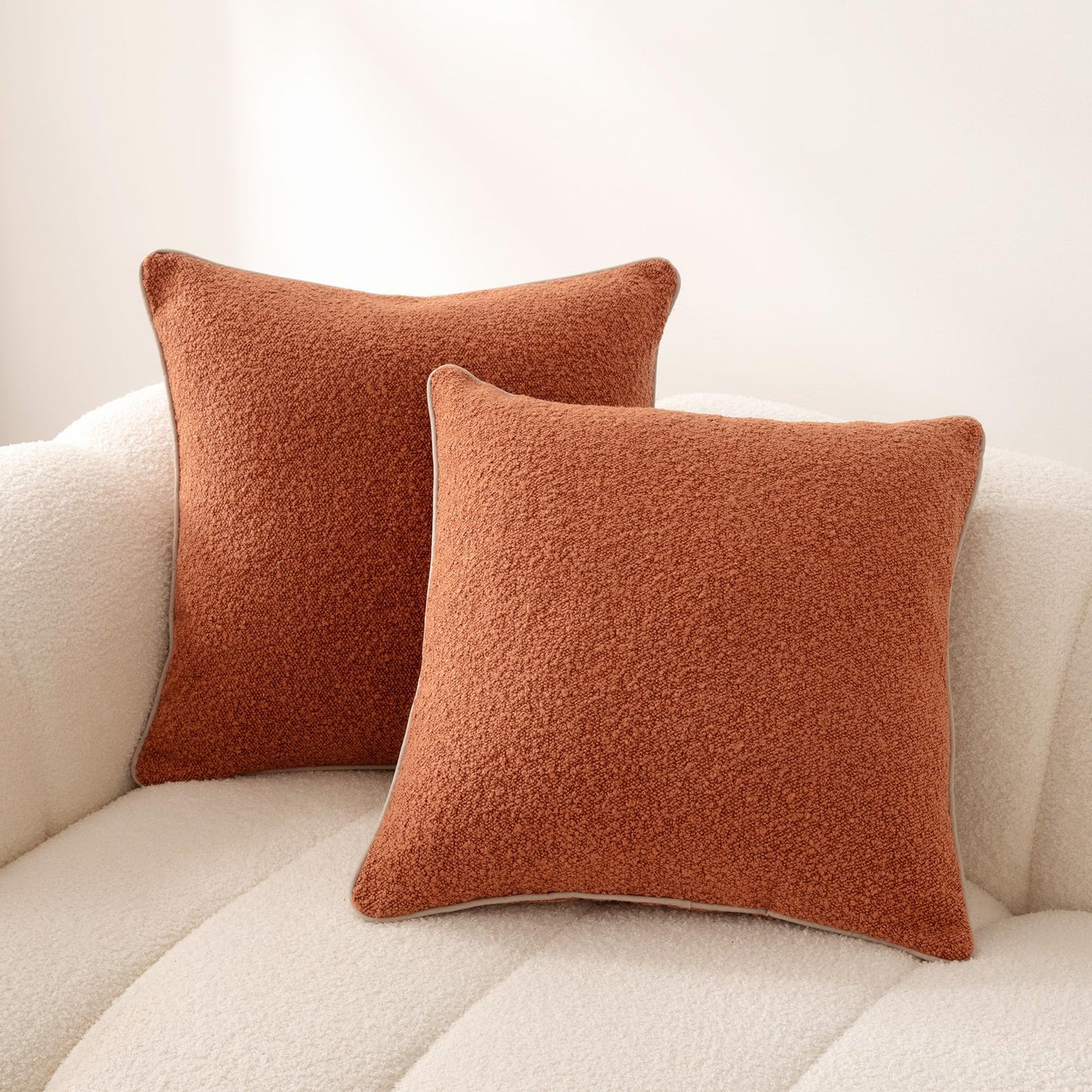 Amazon Basics Boucle Throw Pillow Covers for Couch, Living Room, Orange Home Decor with Hidden Zipper, Brown, 18×18in, Pack of 2