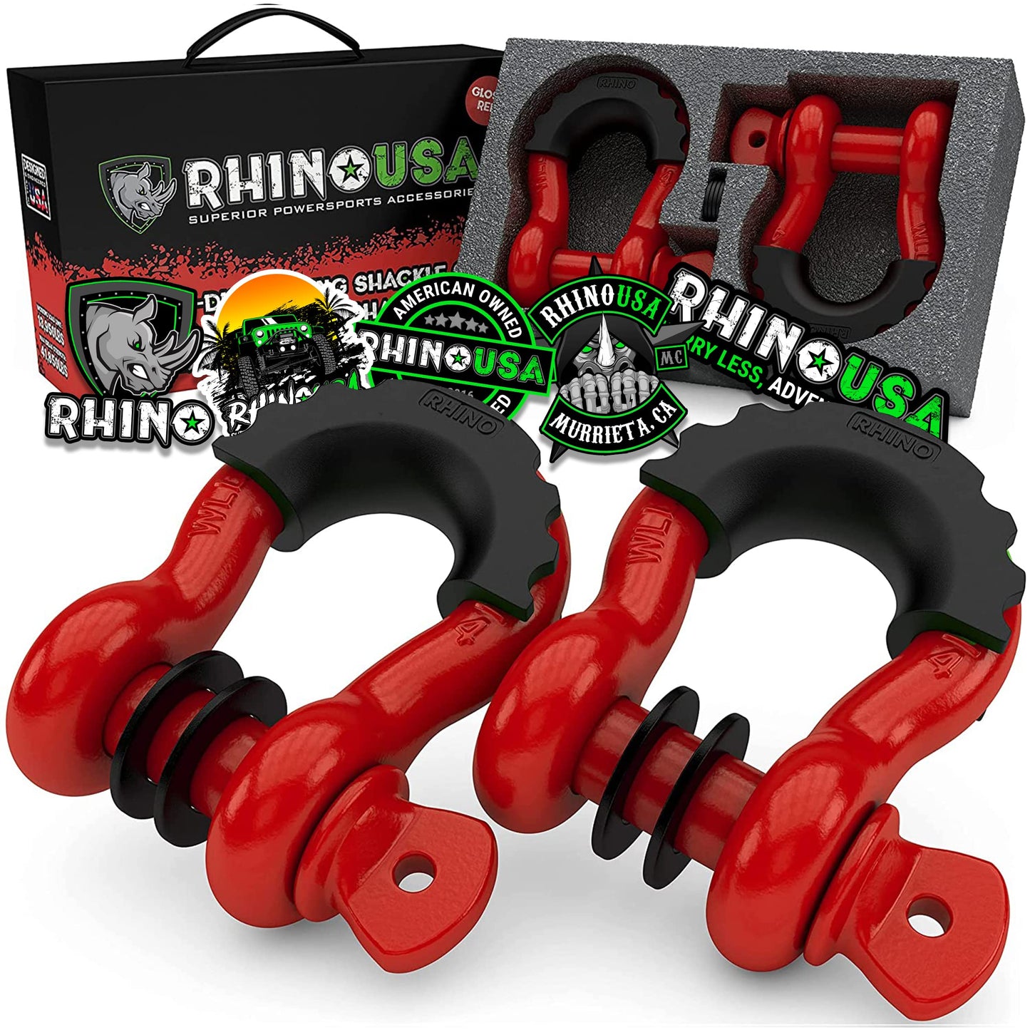 Rhino USA D Ring Shackles (2-Pack) - 41,850lb Break Strength – Heavy Duty 3/4" Clevis Shackle with 7/8 Pin for Towing & Off-Road Use - Pairs with Tow Strap for Vehicle Recovery (Black)