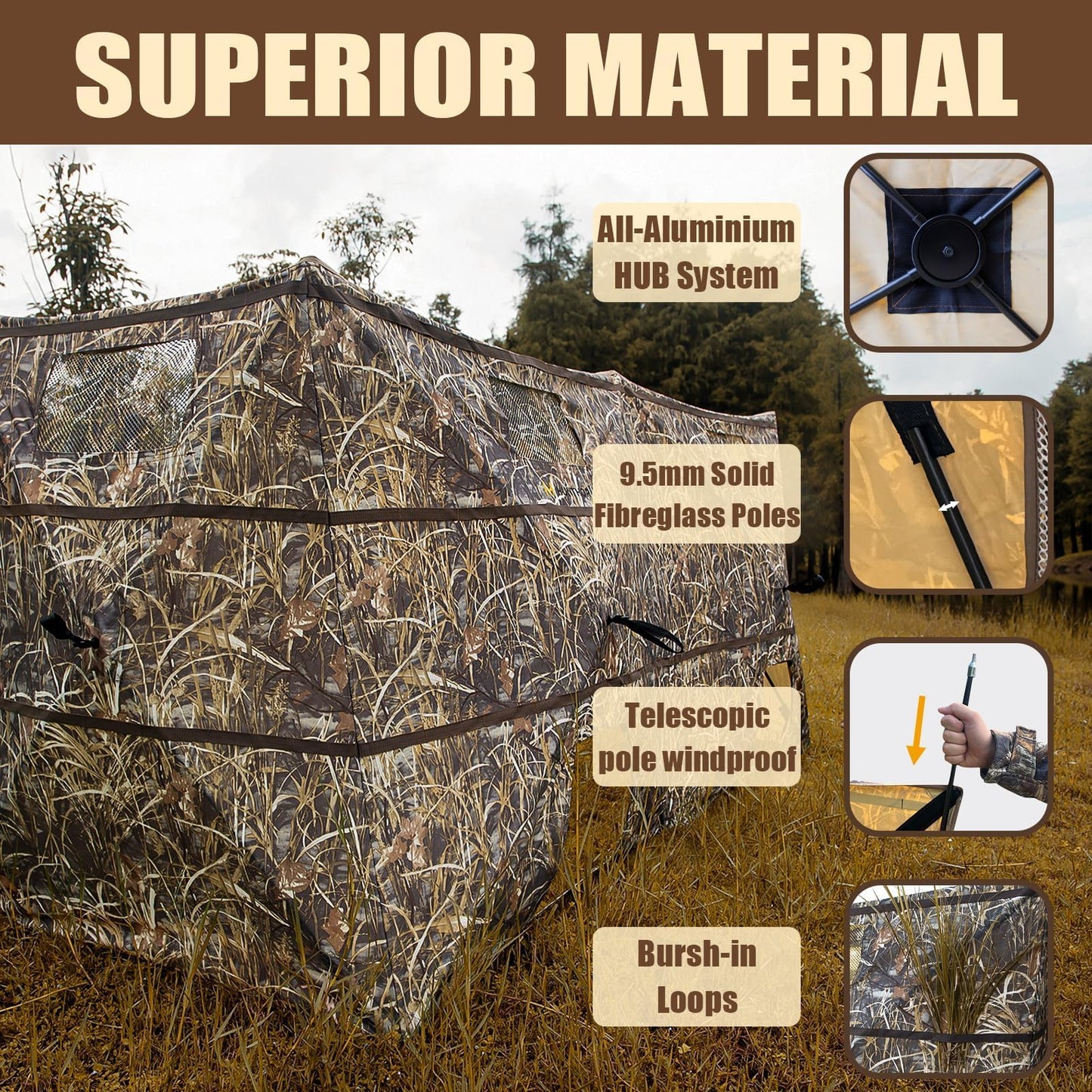 Hunthor 4 Panel Duck Blind Hunting Tent with Dog Door, Pop-Up Waterfowl Blind for 3-4 People, Durable Field Duck Dove Bush Hunting Tent with Carry Bag (Camo)