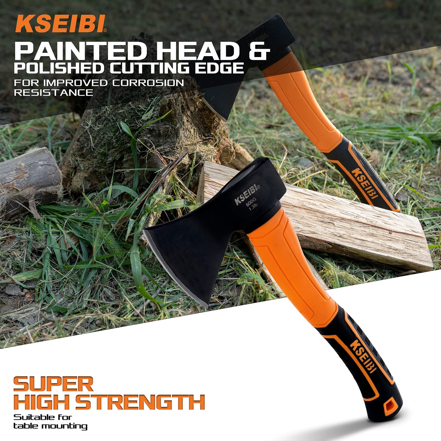 KSEIBI Wood Axe, Small Outdoor Camp Hatchet for Splitting and Kindling Wood, Forged Steel Blade with Anti-Slip and Shock Reduction Handle Great Throwing Axes and Hatchets (Modern)