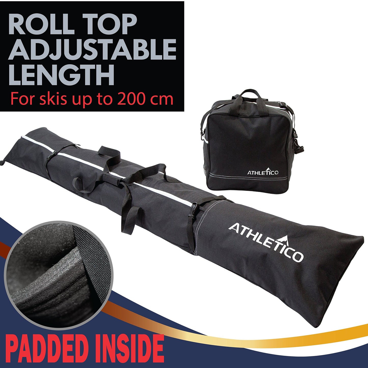 Athletico Padded Ski Bag Combo - Ski Bag & Separate Boot Bag - Store & Transport Skis Up to 200 CM and Boots Up To Size 13 - Padded to Protect All Your Ski Gear and Equipment for Travel (Black)