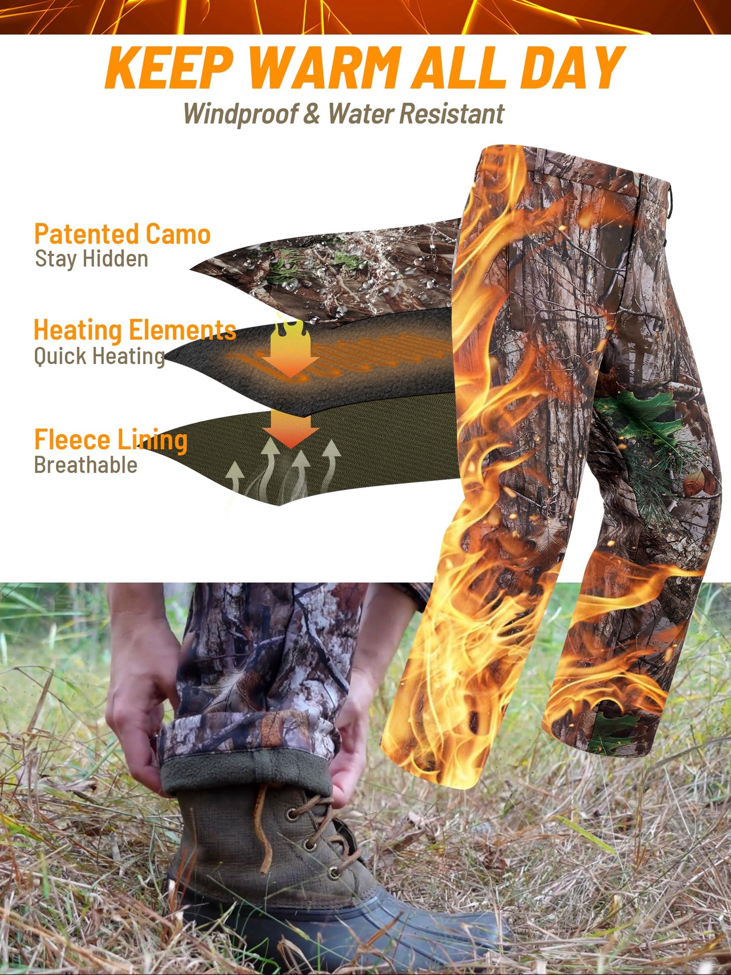 NEW VIEW Women Camo Heated Pants with 10000mAh Battery Pack, Fleece Lined Insulated Hunting Pants for Cold Winter Outdoors