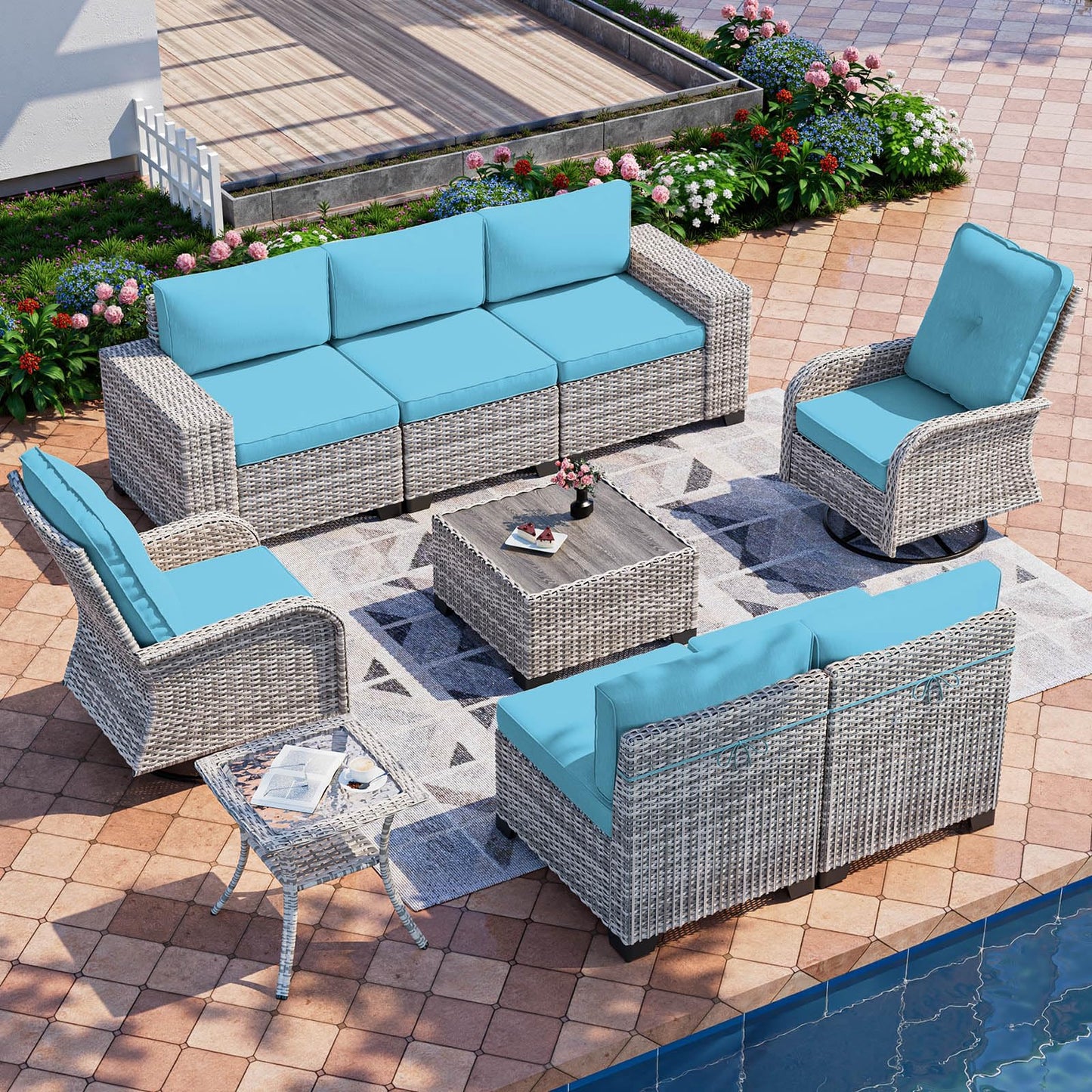 6-Piece Outdoor Patio Furniture Set Wicker Sectional Sofa Set, Patio Conversation Set with Thickened Cushions & Coffee Table for Garden, Backyard, Poolside, Beige
