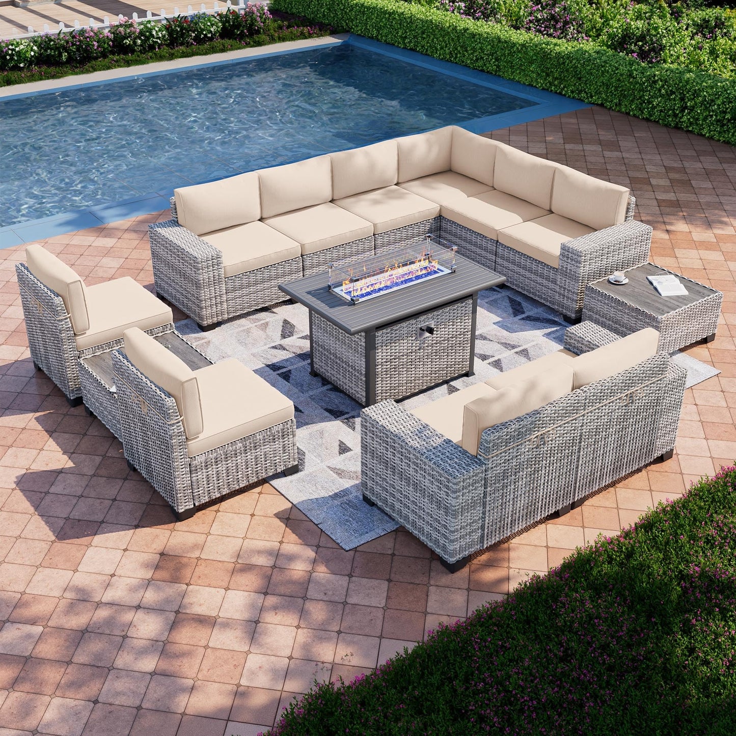 6-Piece Outdoor Patio Furniture Set Wicker Sectional Sofa Set, Patio Conversation Set with Thickened Cushions & Coffee Table for Garden, Backyard, Poolside, Beige
