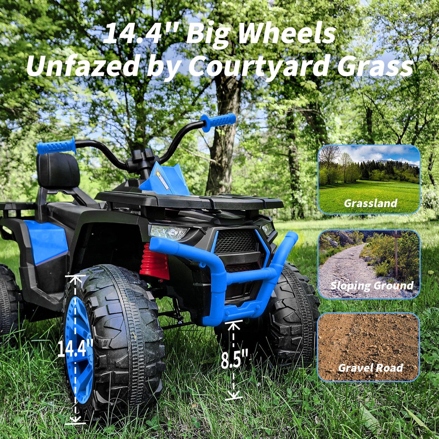 Hikiddo Kids ATV 4 Wheeler, 24V 4WD Electric ATV Ride On Toy for Big Kid w/ 2-Seater, 4x200W Motor, 5.6Mph Max Speed - Blue