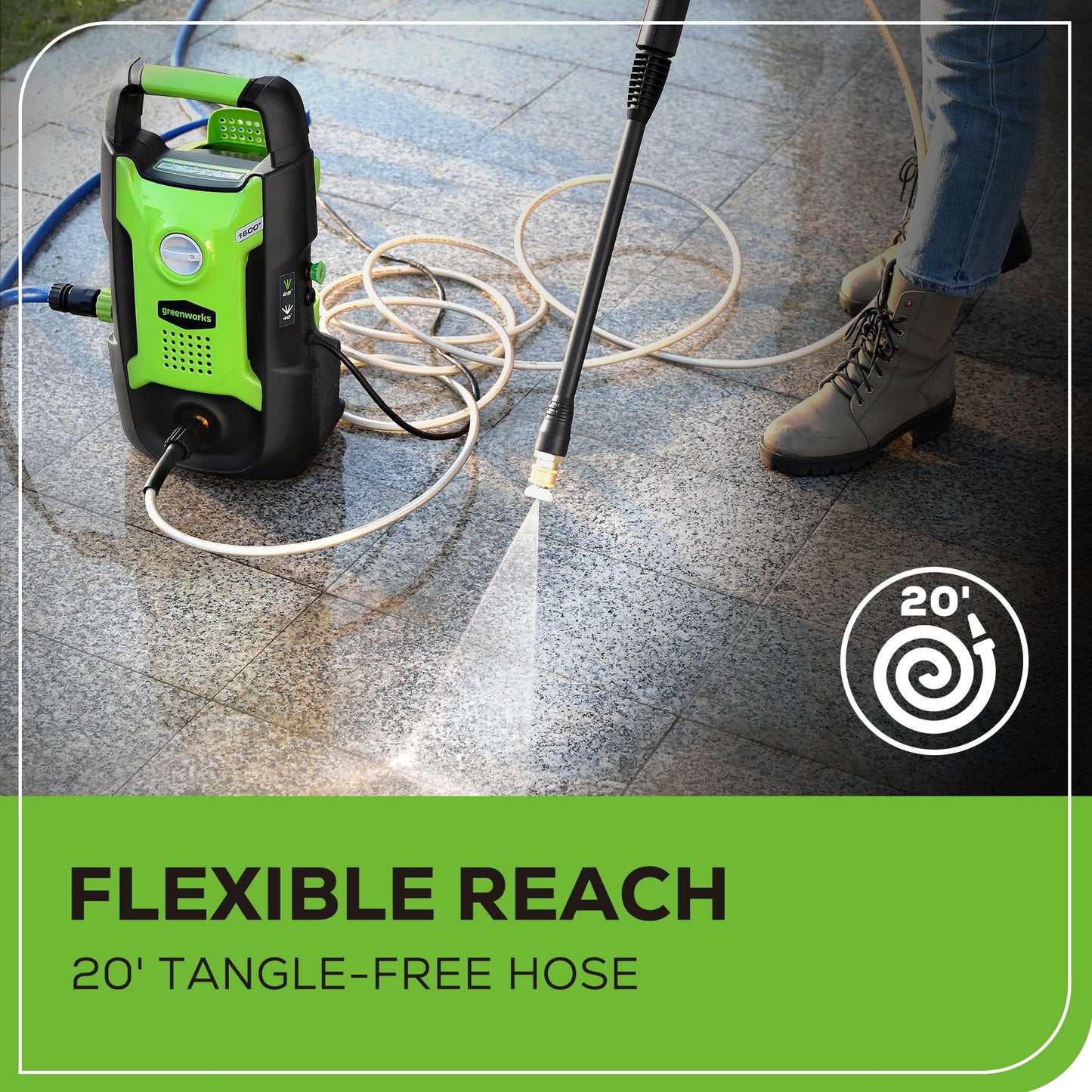 Greenworks Compact Electric Pressure Washer, 1.2 GPM (CSA Certified, Lightweight, 20 FT Tangle-Free Hose, 35 FT Power Cord) Great For Cars, Fences, Patios, Driveways, Decks and Patios