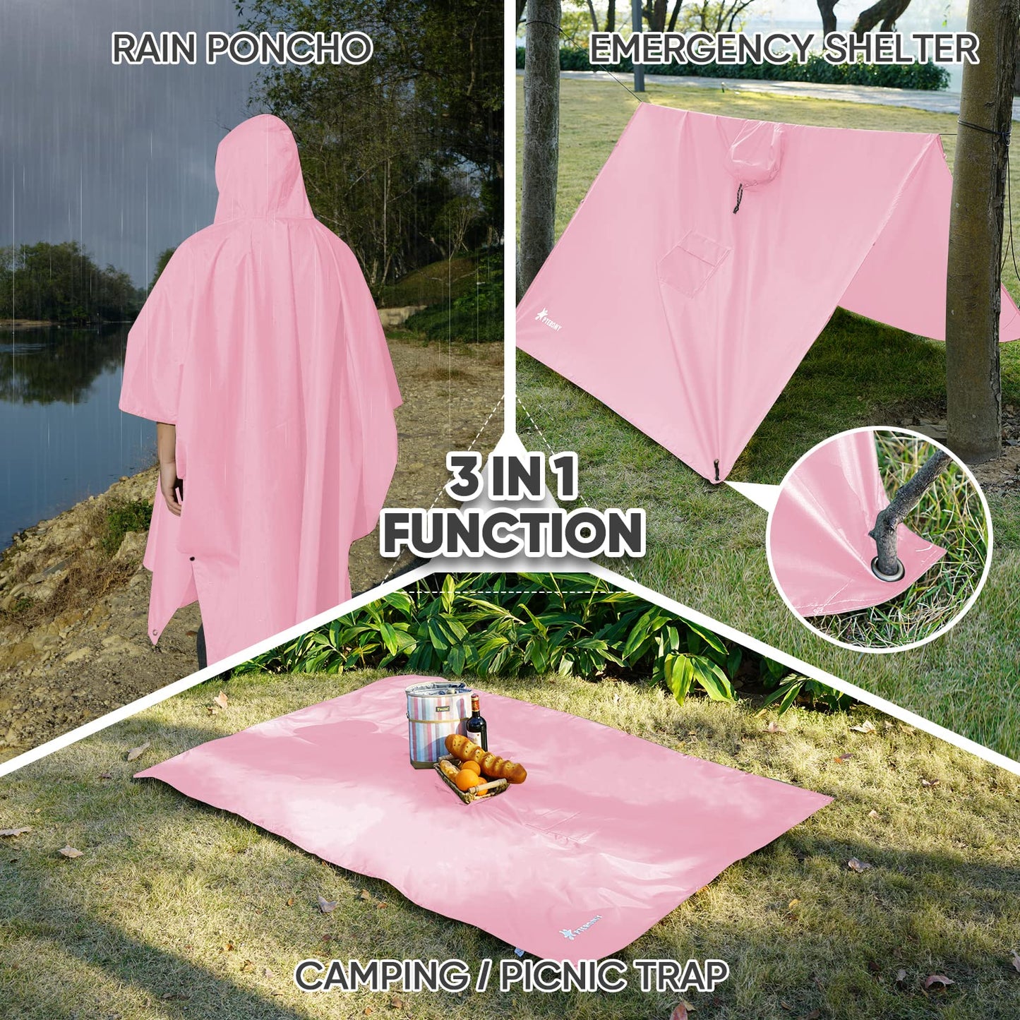 PTEROMY Hooded Rain Poncho for Adult with Pocket, Waterproof Lightweight Unisex Raincoat for Hiking Camping Emergency