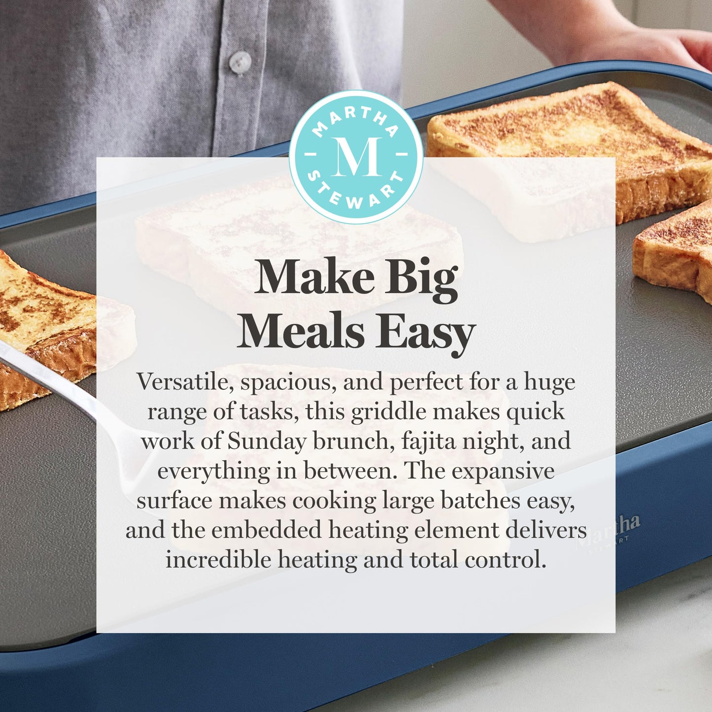 Martha Stewart 12” x 22” Electric Griddle, XL Ceramic Nonstick Flat Top Cooking Surface, Adjustable Temperature Dial, Drip Tray, Dishwasher Safe, 1500W Fast Even Heating, Pancakes & Eggs, Linen White