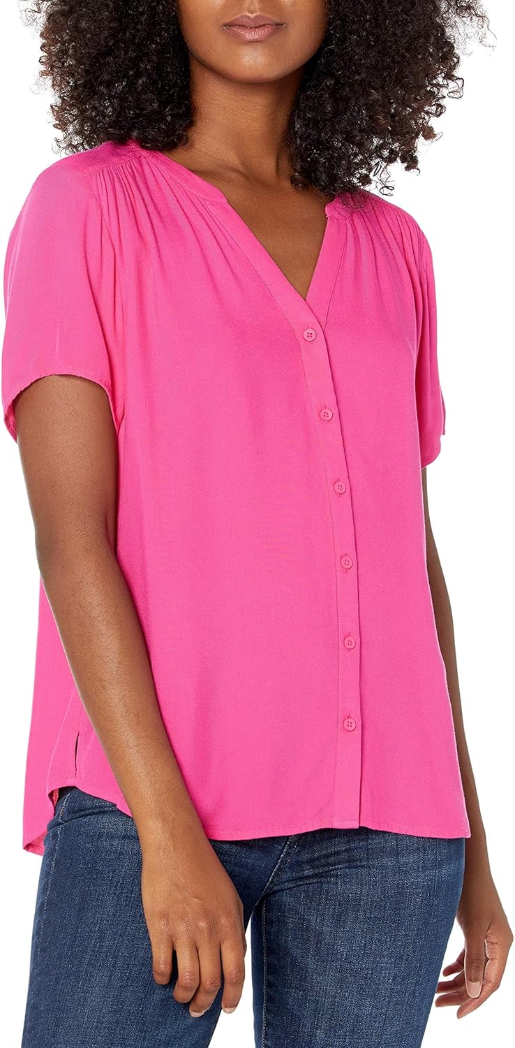 Amazon Essentials Women's Relaxed-Fit V Neck Short-Sleeve Woven Blouse, Business Casual