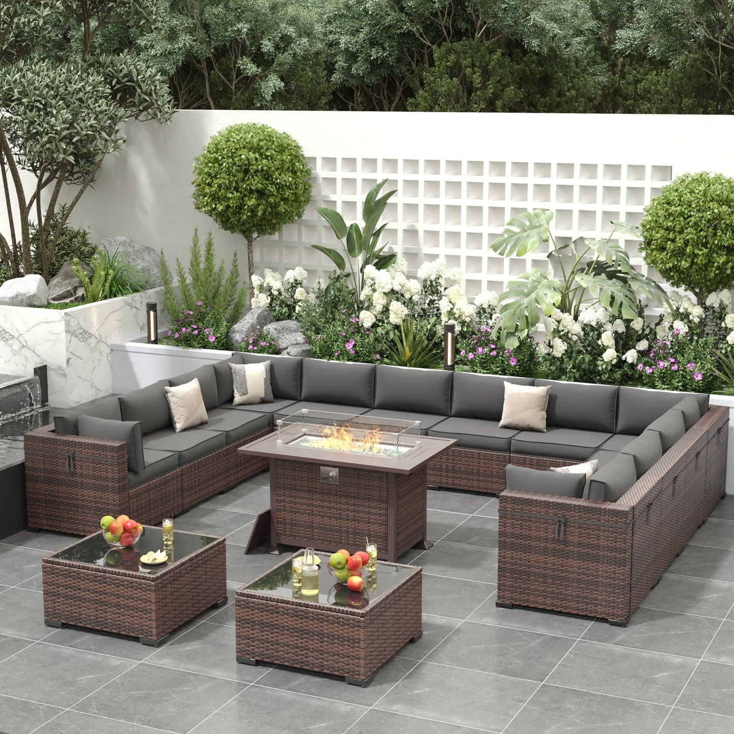 Amopatio Patio Furniture Sets, 7 Pieces Outdoor Rattan Sectional Sofa Set with Glass Table and Cushions, Wicker Patio Conversation Set for Outdoor Indoor Backyard Lawn Garden Porch (Grey)