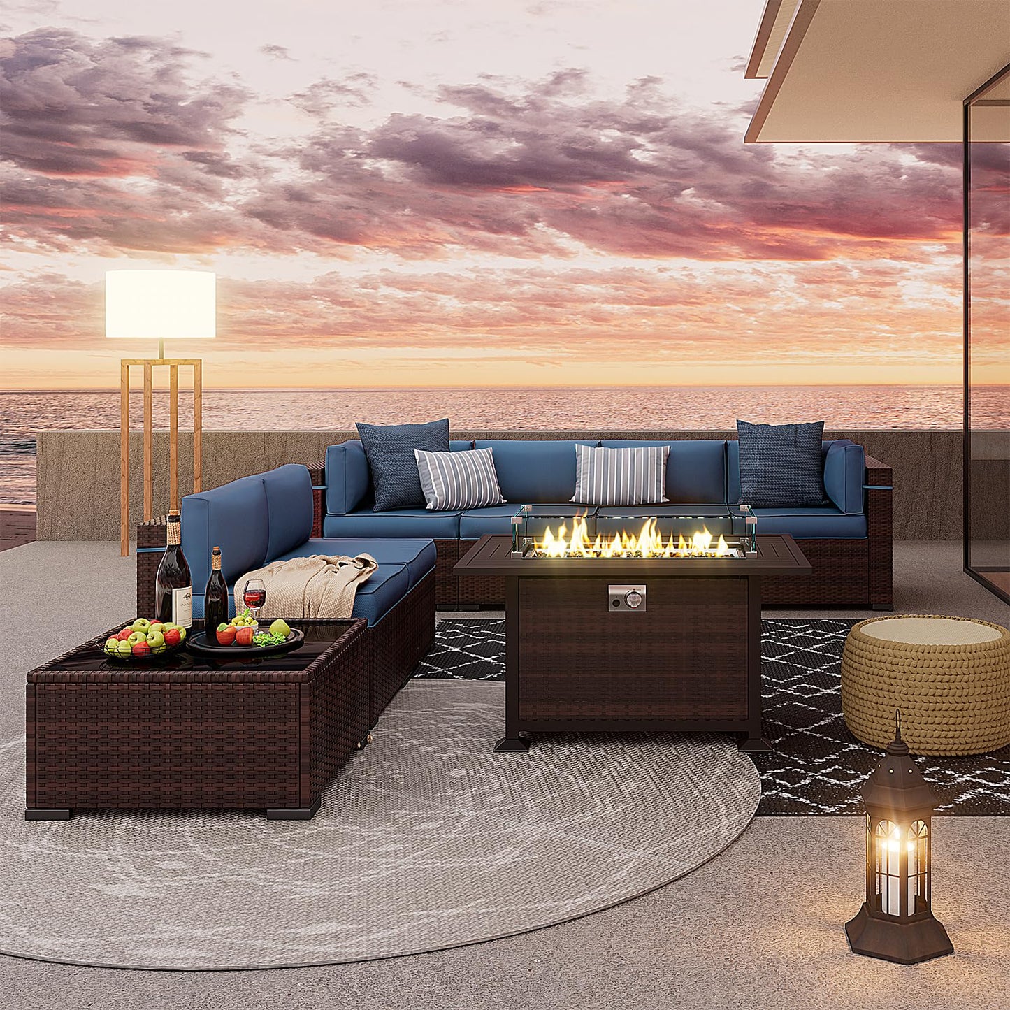 Amopatio Patio Furniture Sets, 7 Pieces Outdoor Rattan Sectional Sofa Set with Glass Table and Cushions, Wicker Patio Conversation Set for Outdoor Indoor Backyard Lawn Garden Porch (Grey)