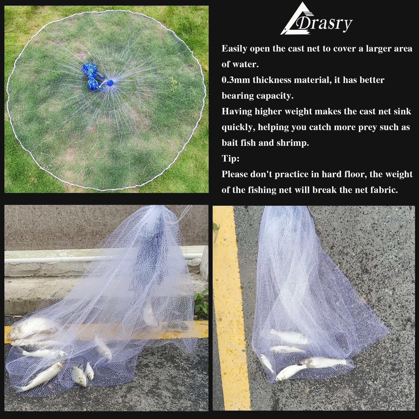 Drasry Saltwater Fishing Cast Net for Bait Trap with Heavy Sinkers Fish Throw Net. Size 3ft/4ft/5ft/6ft/7ft/8ft/9ft/10ft Radius Freshwater Nets