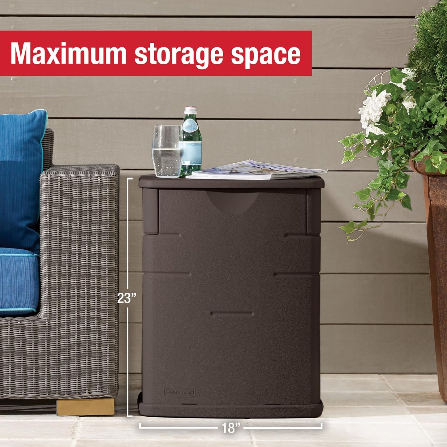 Rubbermaid Small Resin Outdoor Storage Deck Box (19 Gal) Weather Resistant Brown Deck Organization for Home/Small Garden Tools/Grilling Accessories/Pool Supplies