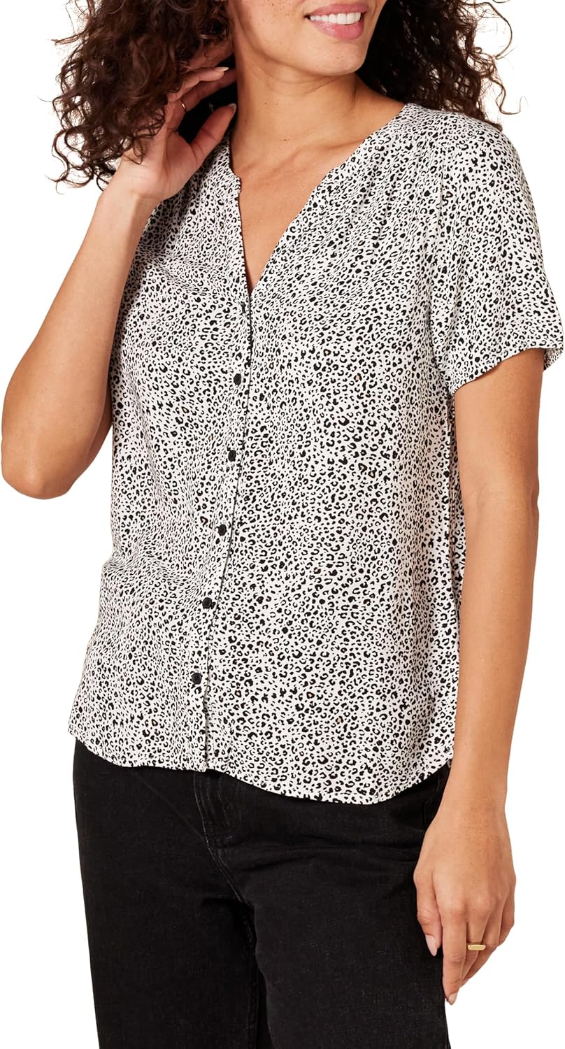 Amazon Essentials Women's Relaxed-Fit V Neck Short-Sleeve Woven Blouse, Business Casual