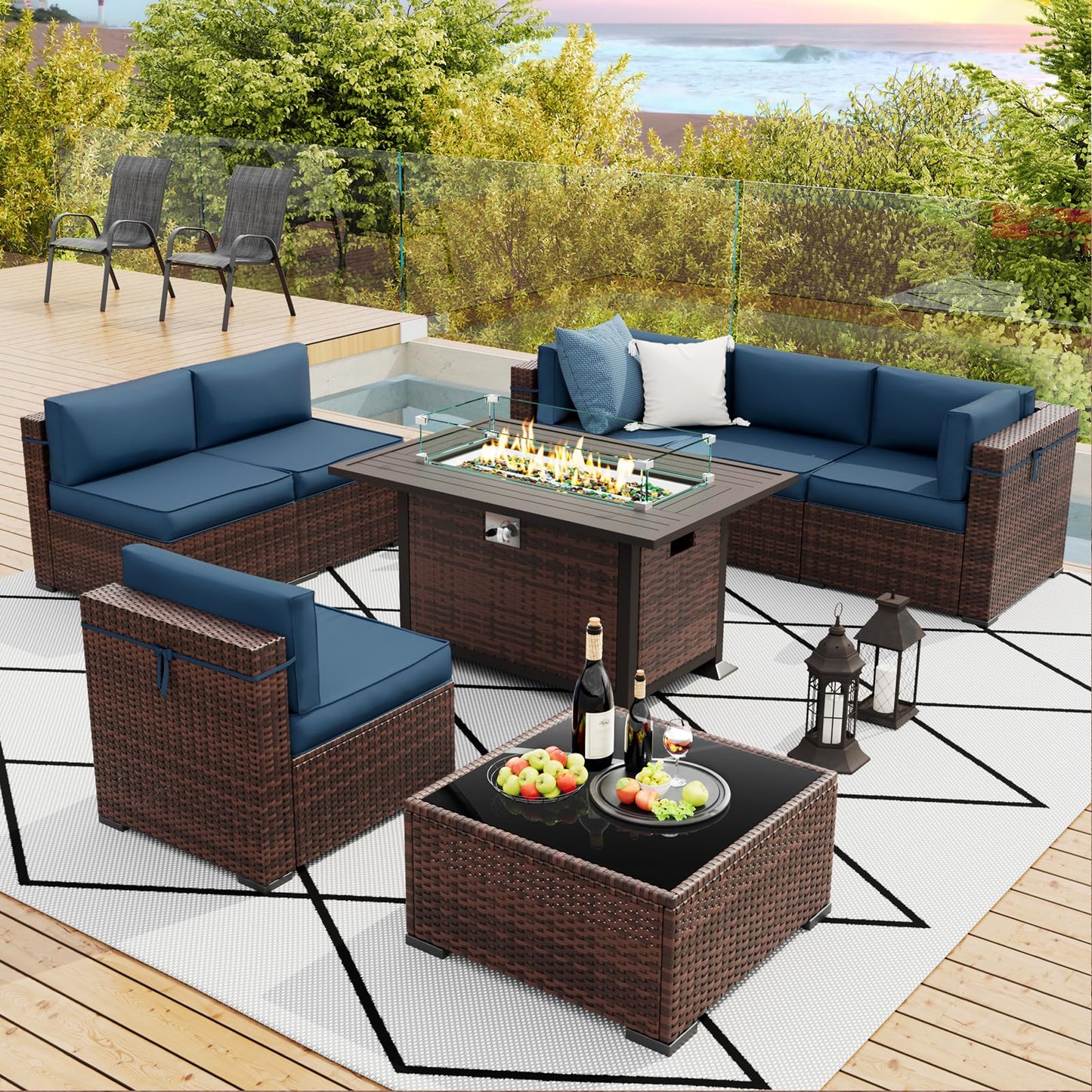 Amopatio Patio Furniture Sets, 7 Pieces Outdoor Rattan Sectional Sofa Set with Glass Table and Cushions, Wicker Patio Conversation Set for Outdoor Indoor Backyard Lawn Garden Porch (Grey)