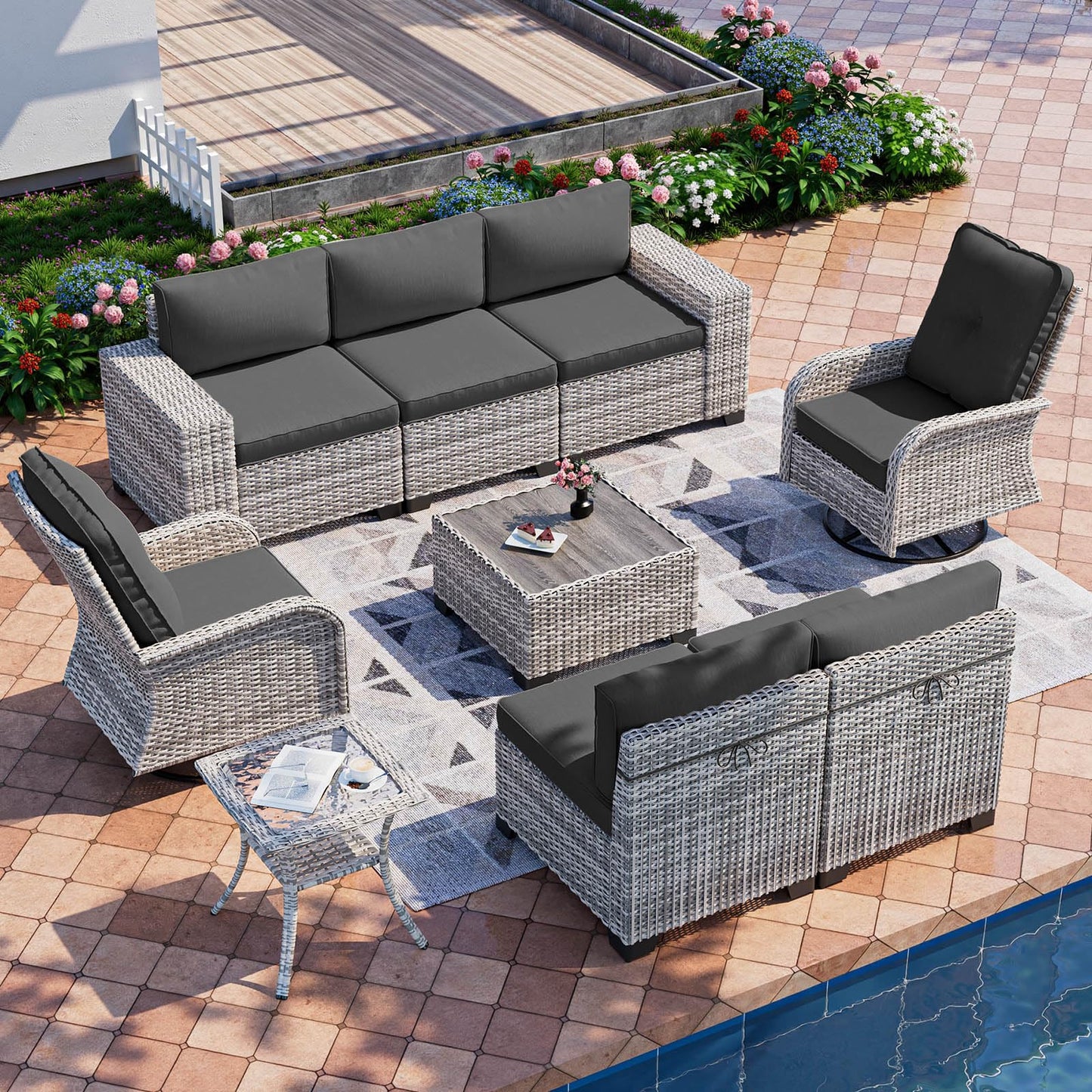 6-Piece Outdoor Patio Furniture Set Wicker Sectional Sofa Set, Patio Conversation Set with Thickened Cushions & Coffee Table for Garden, Backyard, Poolside, Beige