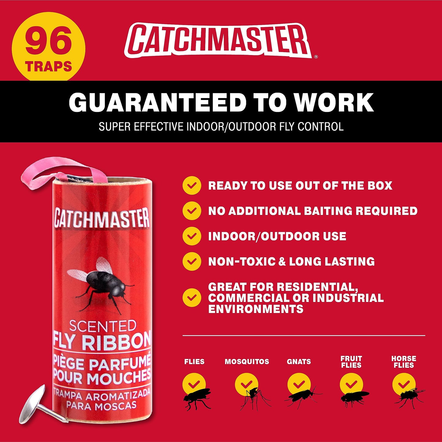 Catchmaster Fly Ribbon 20-Pack, Bug & Fruit Fly Traps Outdoor and Indoor, Premium Adhesive Sticky Strips & Gnat Hanging Strips, Bulk Scented Flying Insect Paper Rolls, Non Toxic Home Pest Control