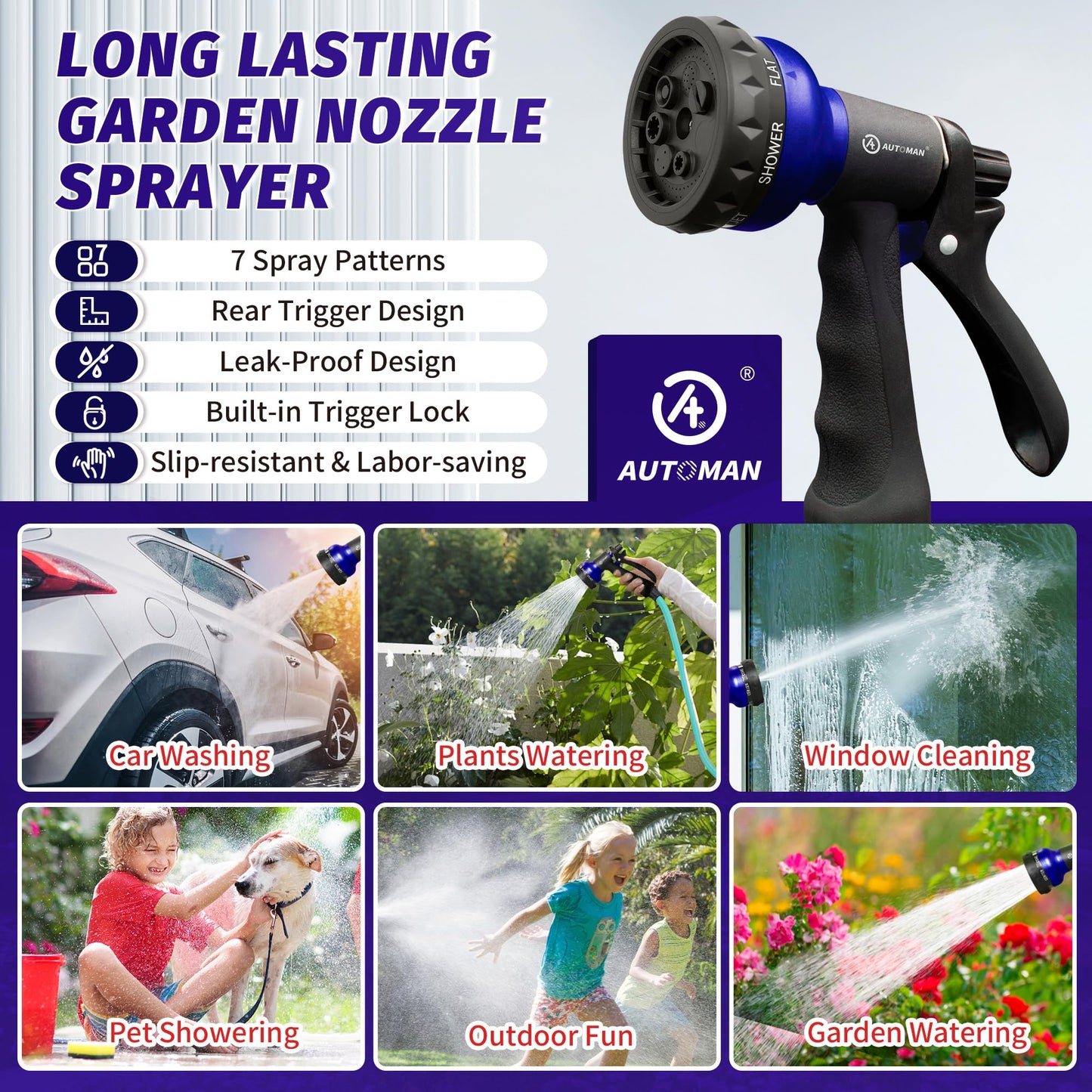 AUTOMAN-Garden-Hose-Nozzle, ABS Water Spray Nozzle with 7 Adjustable Watering Patterns, Slip Resistant for Watering Plants, Lawn& Garden, Washing Cars, Cleaning, Showering Pets & Outdoor Fun.