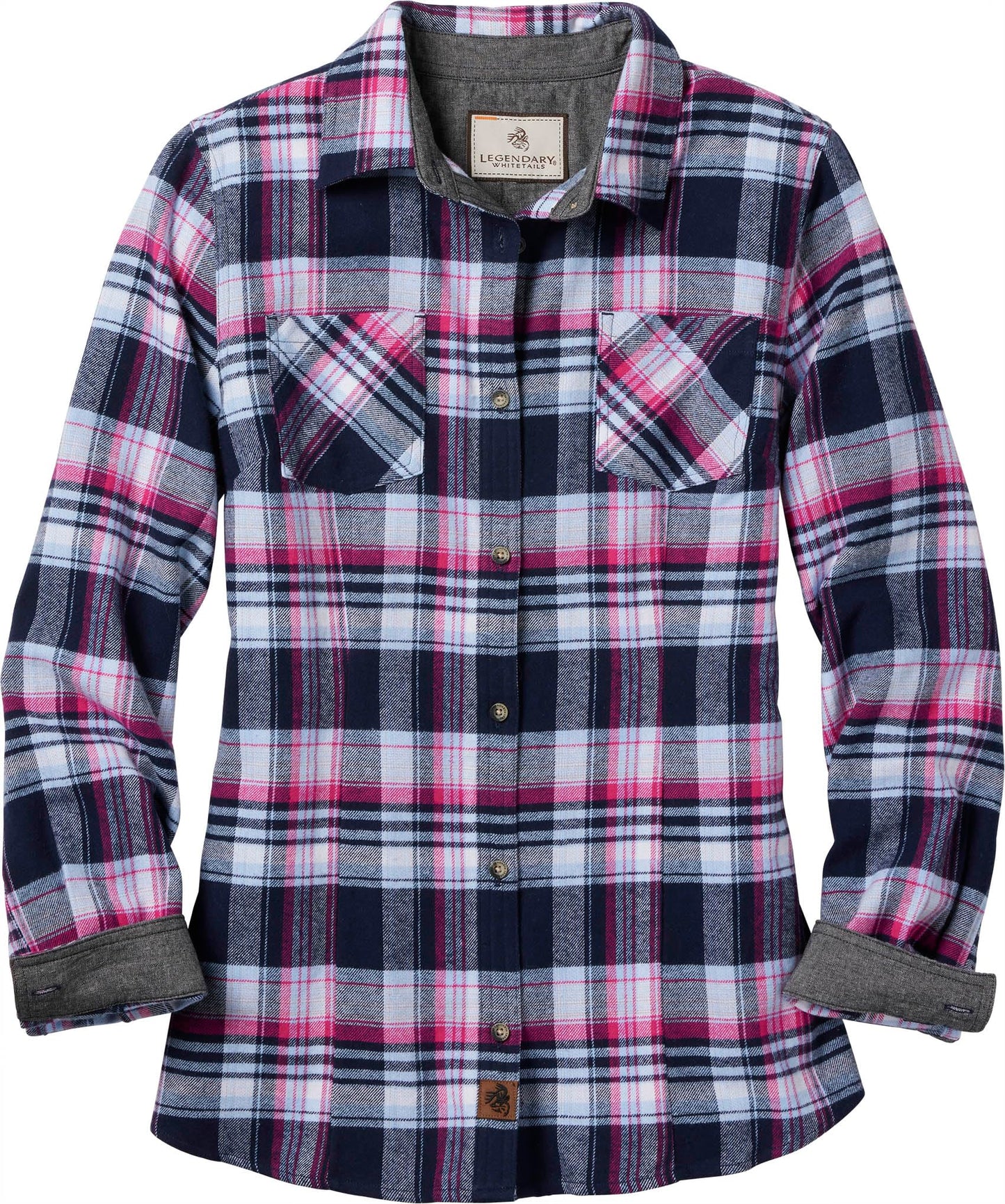 Legendary Whitetails Womens Cottage Escape Flannel Long Sleeve Plaid and Solid Color Clothes, Fitted Button Down