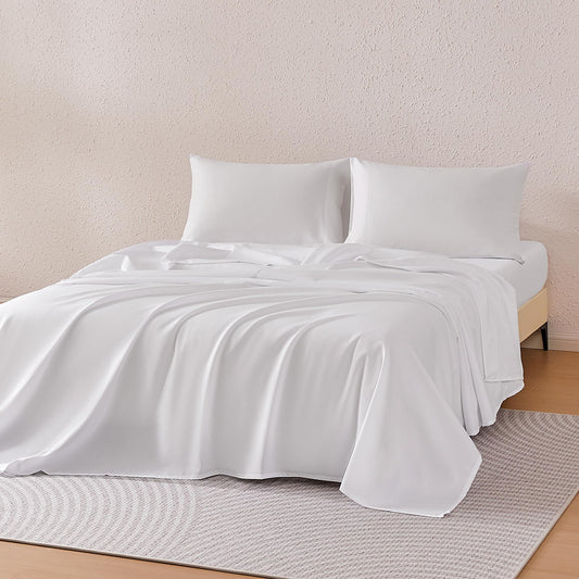 Amazon Basics Sheet Set Cationic Microfiber 4-Piece Bedding Set, Wrinkle Free and Easy Fit, Easy Care Bedding with 1 Deep Pocket Fitted Sheet, 1 Flat Sheet, and 2 Pillowcases, Queen, White