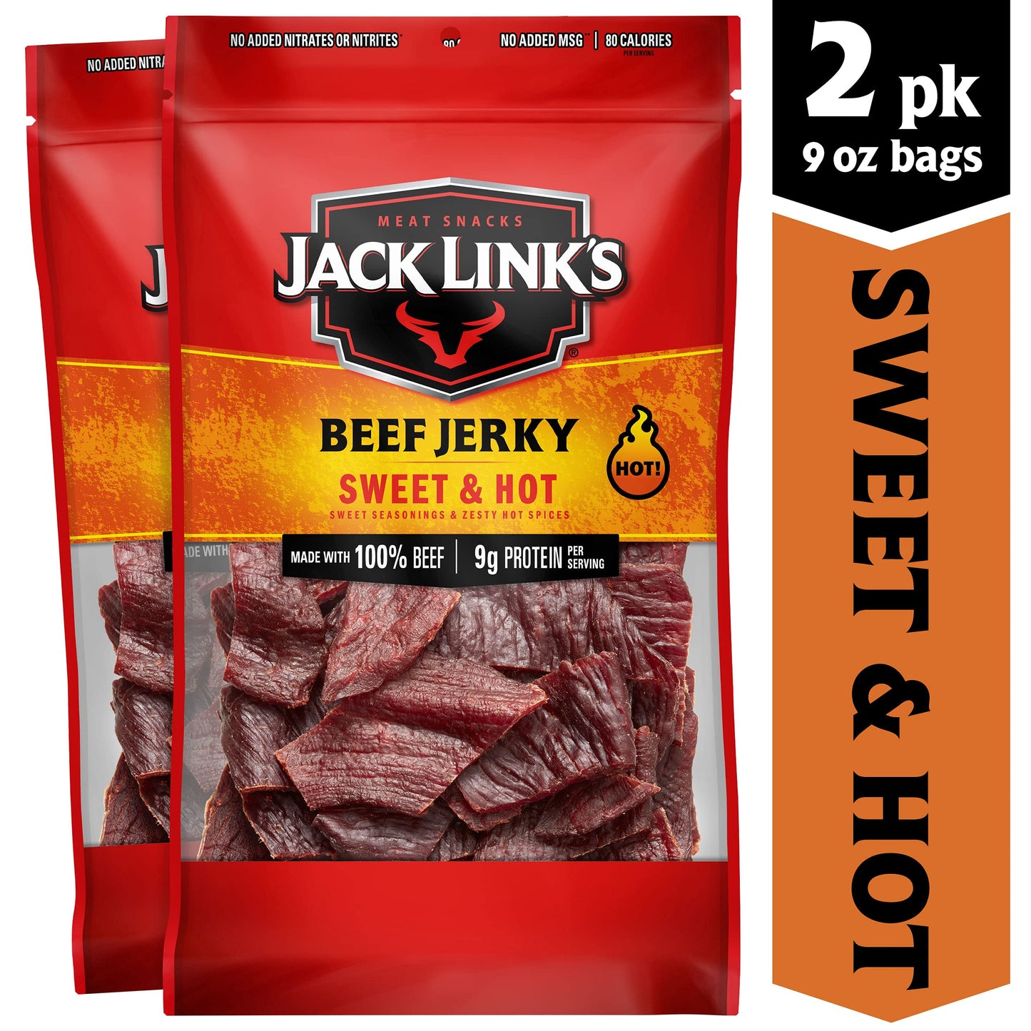 Jack Link's Beef Jerky, Original, Large Jerky Bags - Great Gifts for Dad, Flavorful Meat Snacks, Ready to Eat Protein Snacks with 10g of Protein per Serving, Made with 100% Beef - 9 Oz. (Pack of 2)