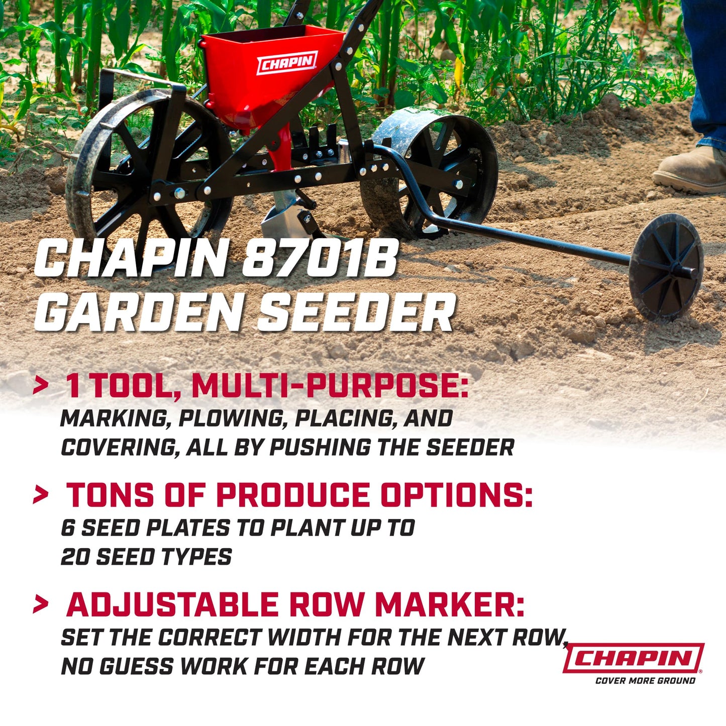 Chapin 8701B Garden Push Seeder Planter with 6 Seed Plates for up to 20 Varieties of Seeds, Zinc Plow Blade, Row Marker, Powder Coated Steel Frame, Red/Black