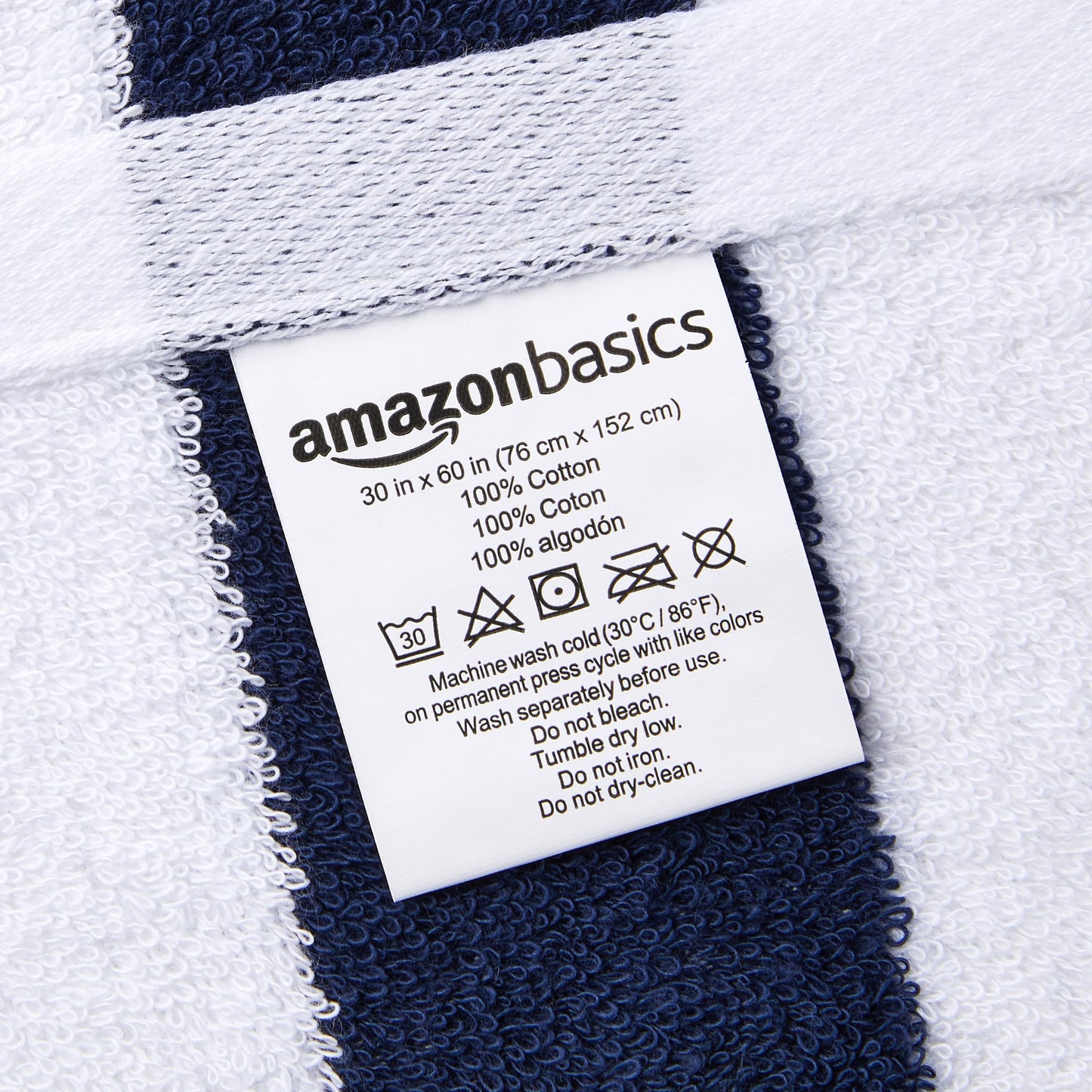 Amazon Basics 100% Cotton Soft & Absorbent Beach Towels, Cabana Stripe, Fast Drying, Machine Washable, Large 30 in x 60 in, Navy Blue, 2-Pack