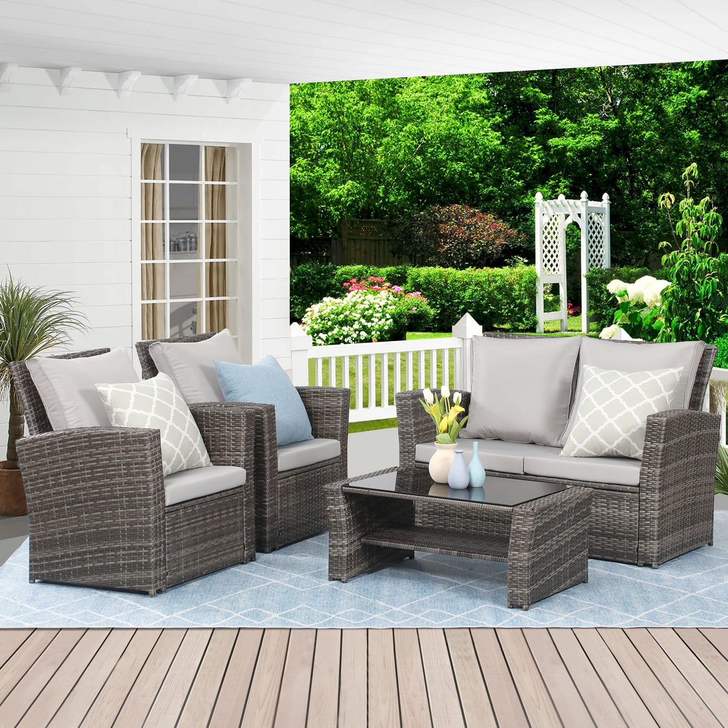 Wisteria Lane 4 Piece Outdoor Patio Furniture Sets, Wicker Conversation Set for Porch Deck, Brown Rattan Sofa Chair with Cushion