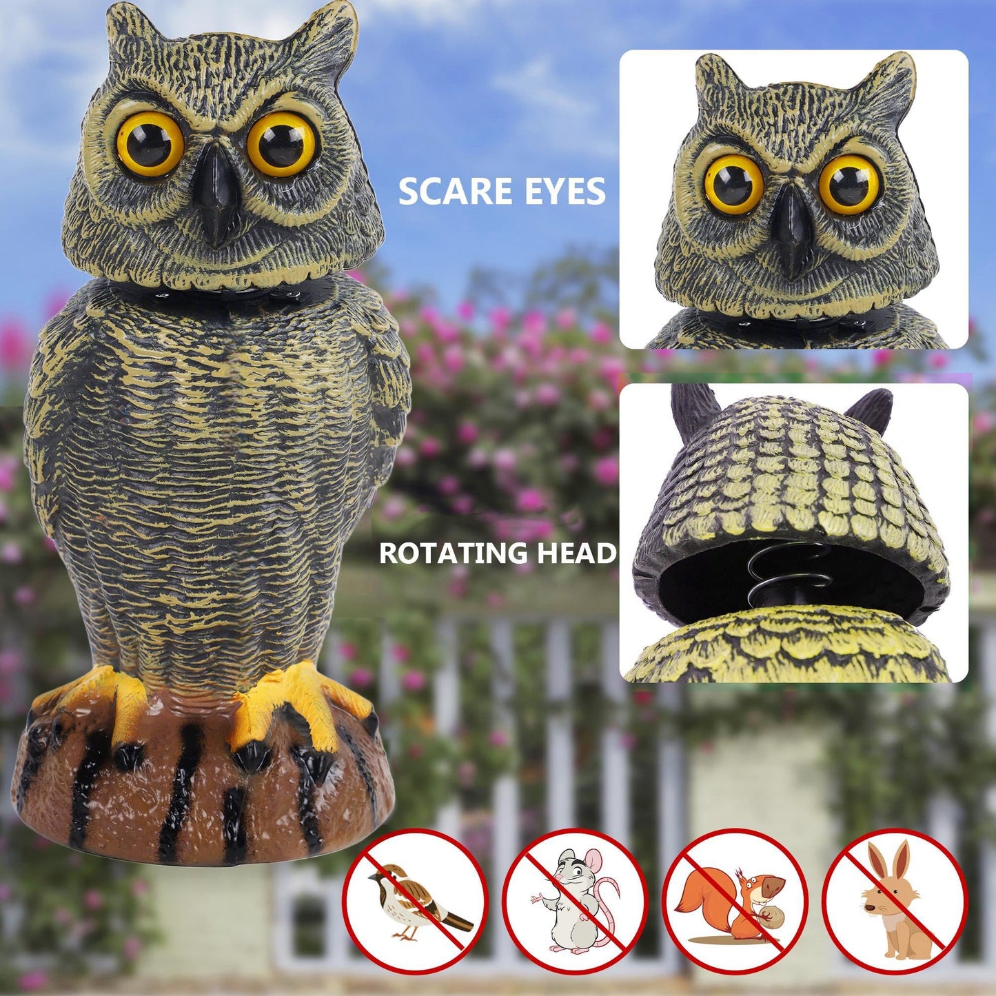 Hausse 2 Pack Bird Scarecrow Fake Owl Decoy Sculpture, Rotating Head Plastic Owl Bird Deterrents, 10.6 Inch Height Nature Enemy Horned Pest Repellent for Outdoor Garden Yard