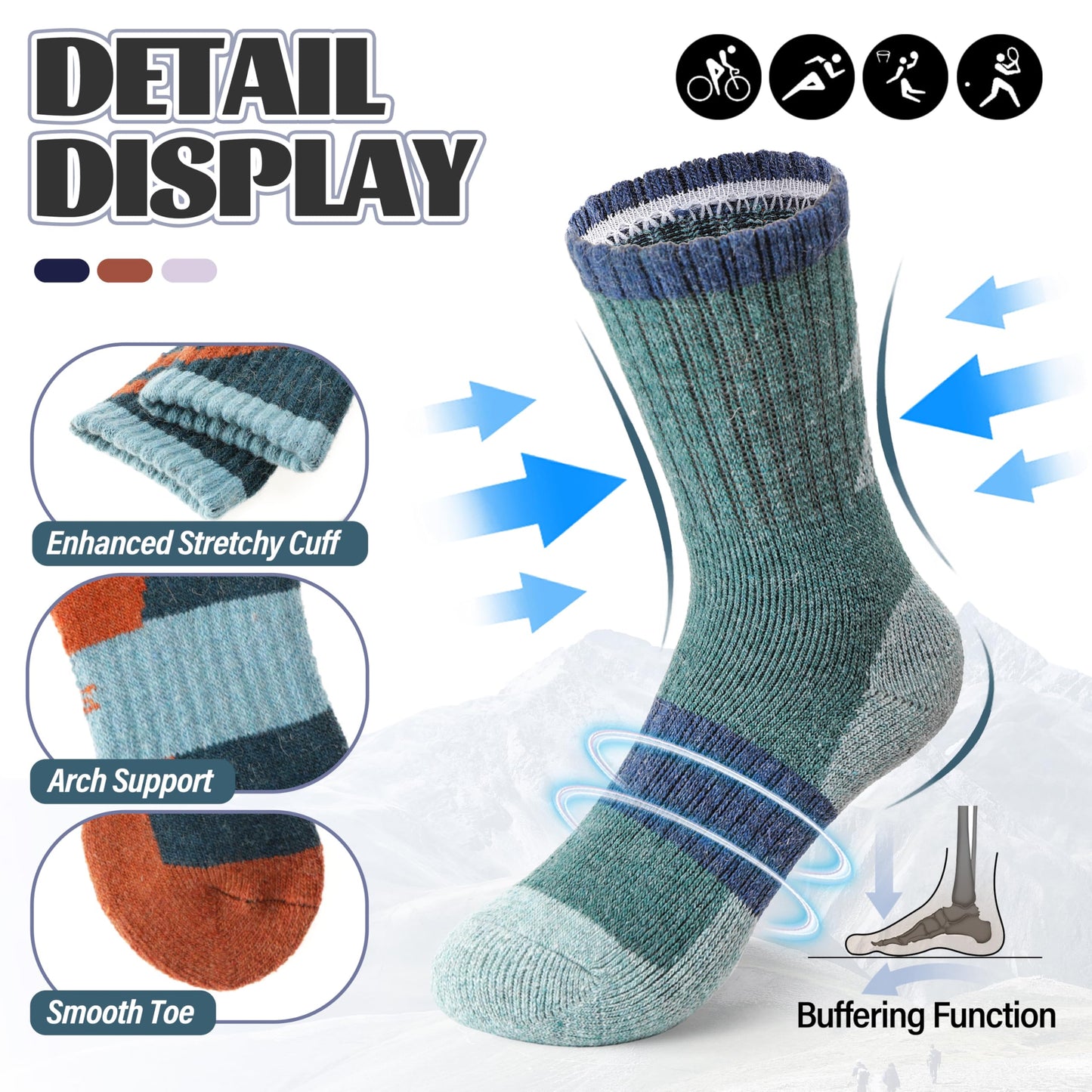 Anlisim Kids Merino Wool Hiking Socks Boys Girls Toddlers Thermal Winter Warm Boot Thick Cushion Gift Socks 6 Pairs