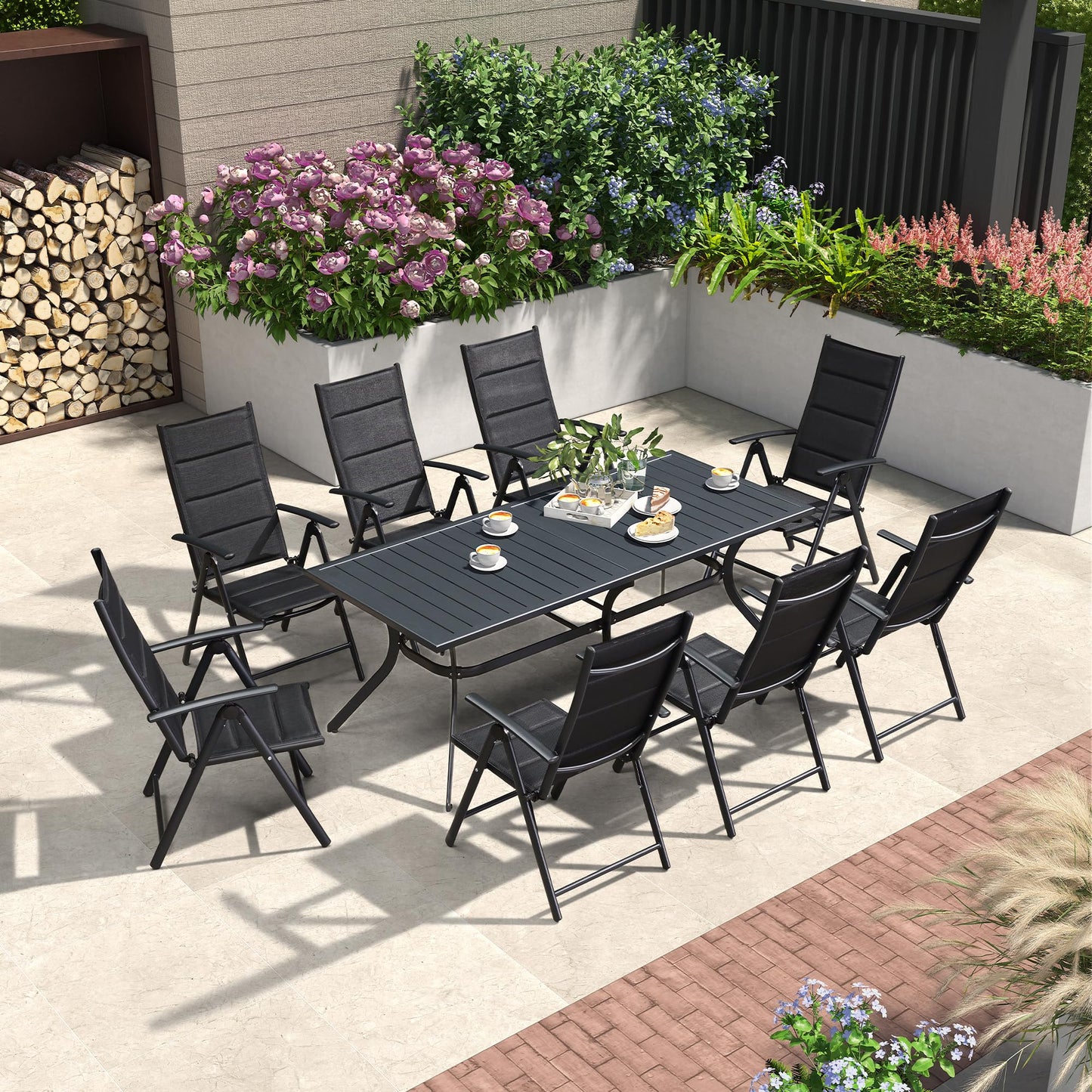 PURPLE LEAF 9 Pieces Outdoor Patio Dining Set with 8 Folding Portable Chairs and 1 Rectangle Aluminum Table, Foldable Adjustable High Back Reclining Chairs with Soft Cotton-Padded Seat, Grey