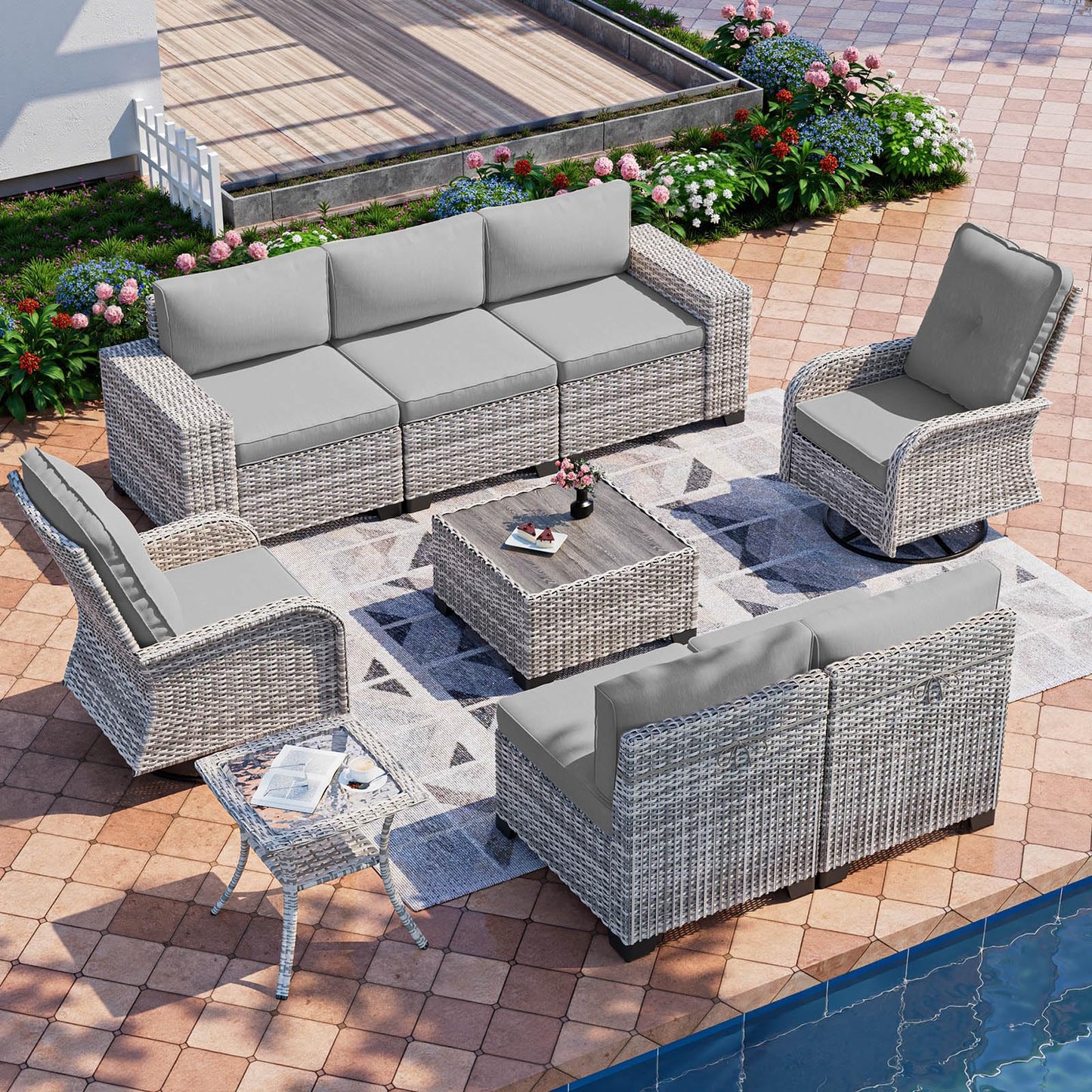 6-Piece Outdoor Patio Furniture Set Wicker Sectional Sofa Set, Patio Conversation Set with Thickened Cushions & Coffee Table for Garden, Backyard, Poolside, Beige