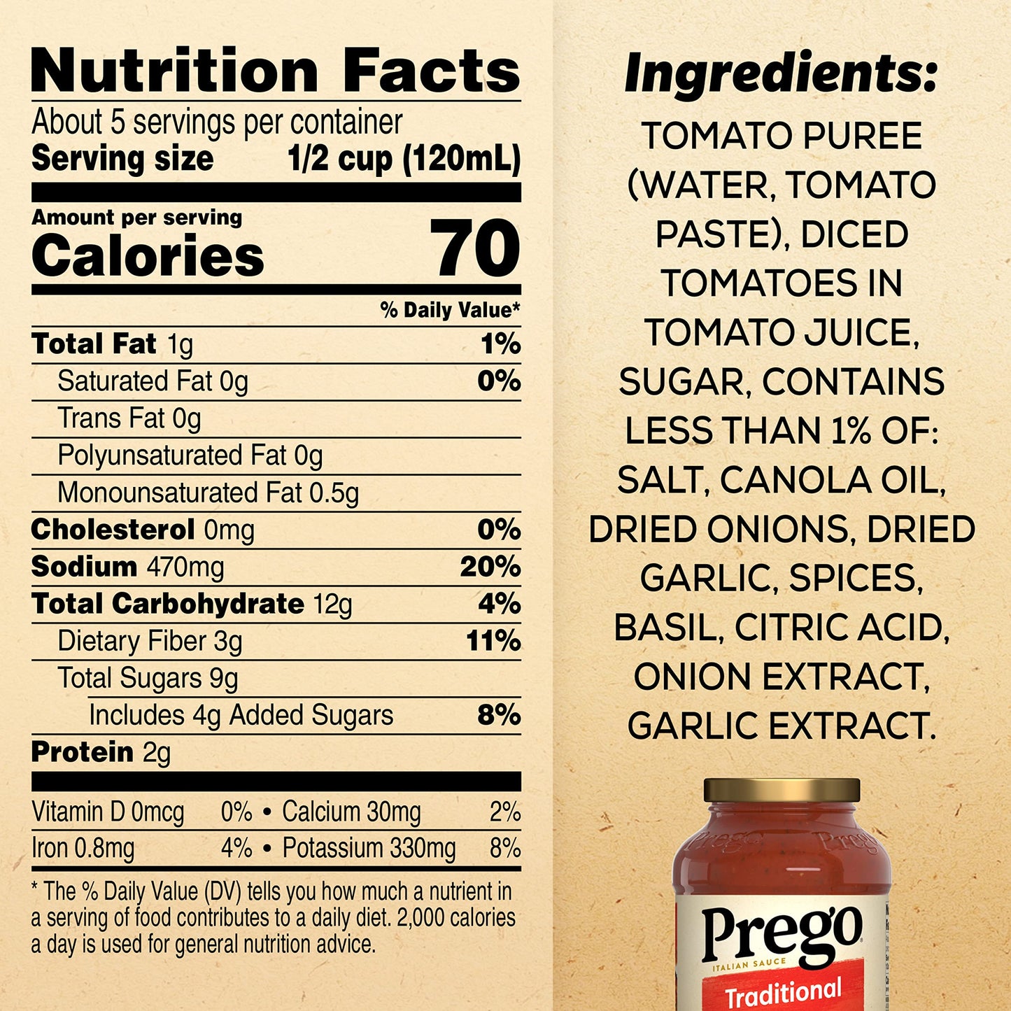 Prego Traditional No Sugar Added Pasta Sauce, 23.5 Oz Jar (Case of 6)