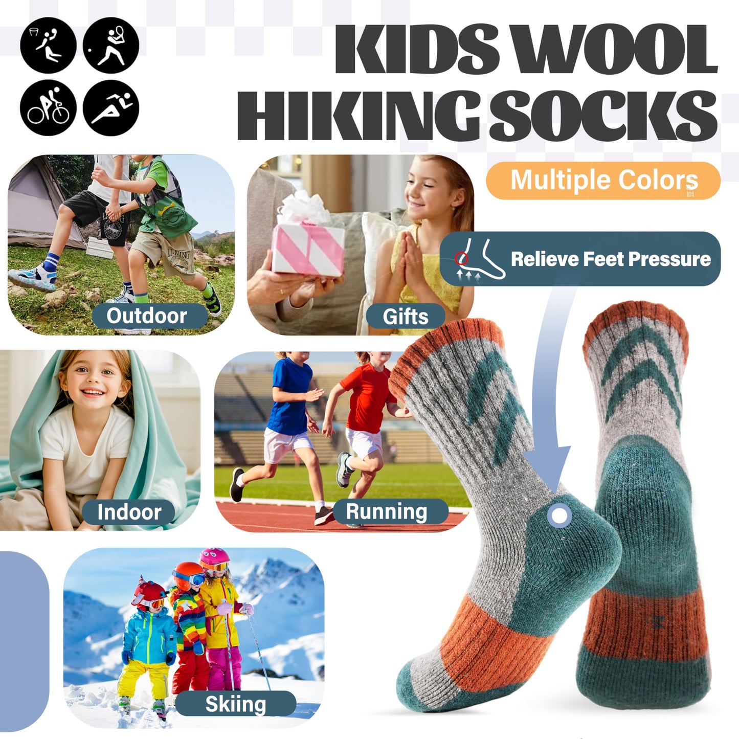 Anlisim Kids Merino Wool Hiking Socks Boys Girls Toddlers Thermal Winter Warm Boot Thick Cushion Gift Socks 6 Pairs