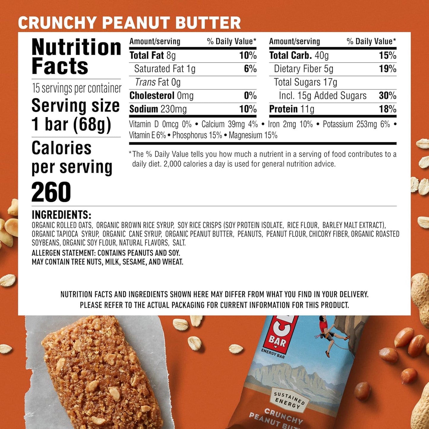 CLIF BAR - Protein Bars - Crunchy Peanut Butter - Made with Organic Oats - Energy Bars - Non-GMO (15 Pack)