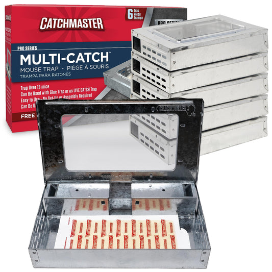 Catchmaster Pro Series Multi-Catch Mouse Trap 6-Pack, Humane Mouse Traps Indoor for Home, Includes Replaceable Glue Board, Pet Safe Pest Control, Live Catch for Garage & Shed