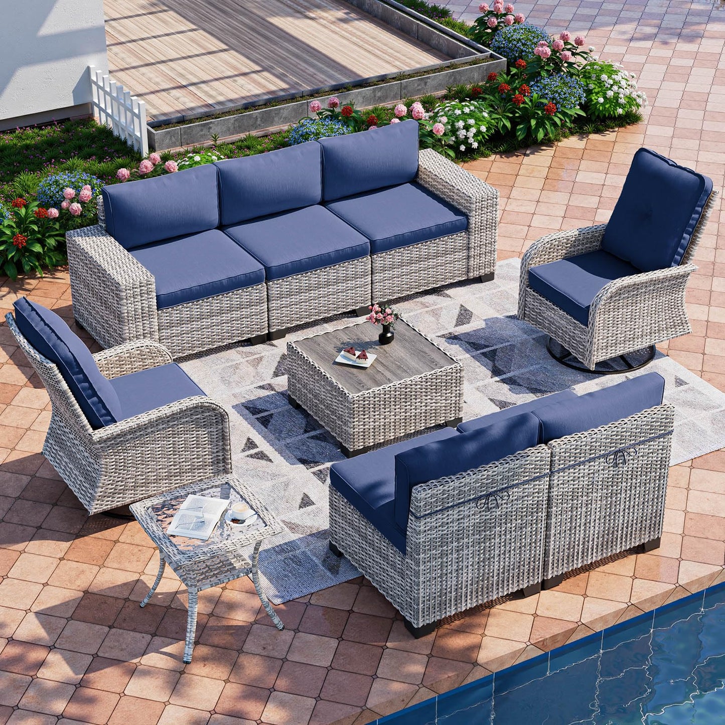 6-Piece Outdoor Patio Furniture Set Wicker Sectional Sofa Set, Patio Conversation Set with Thickened Cushions & Coffee Table for Garden, Backyard, Poolside, Beige