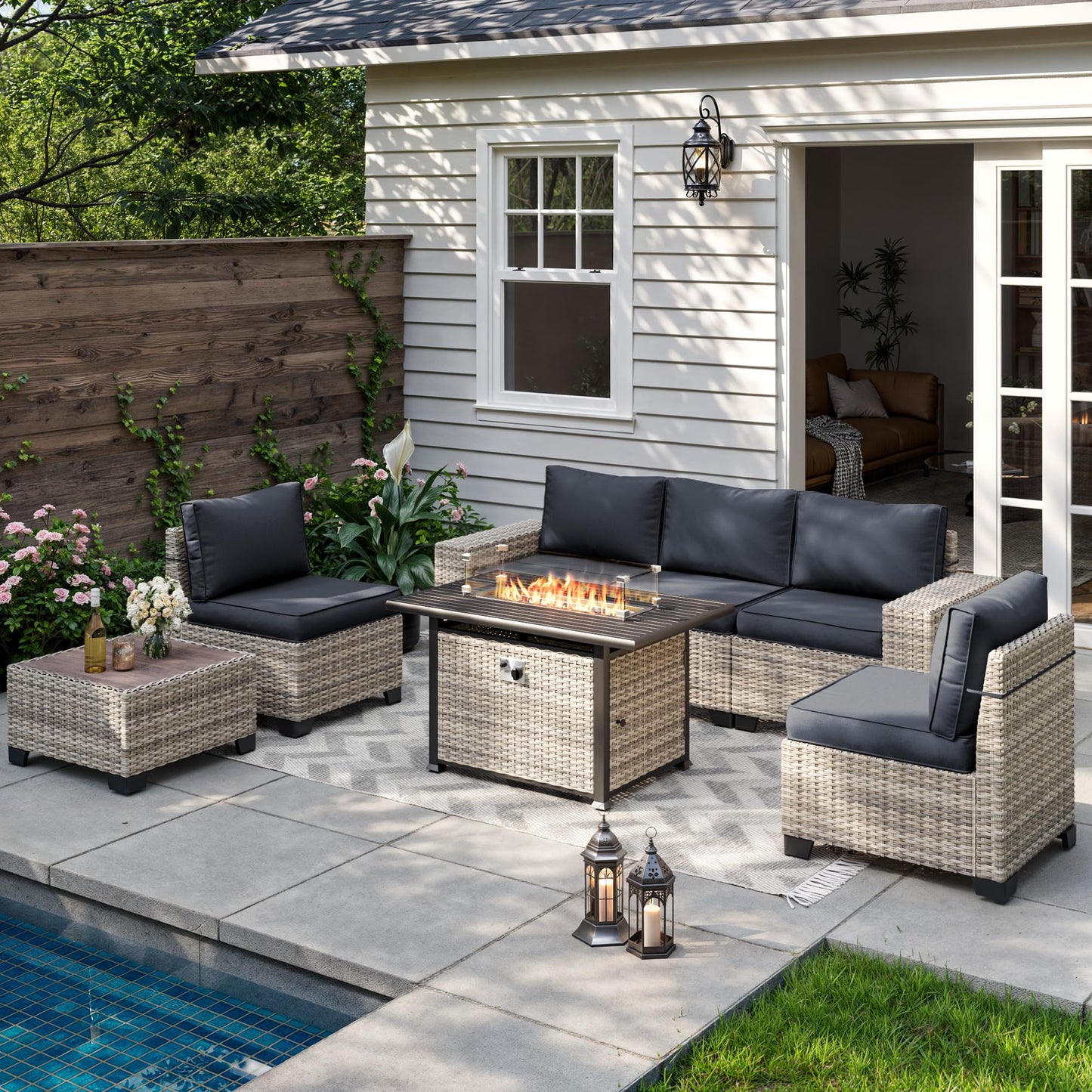 6-Piece Outdoor Patio Furniture Set Wicker Sectional Sofa Set, Patio Conversation Set with Thickened Cushions & Coffee Table for Garden, Backyard, Poolside, Beige