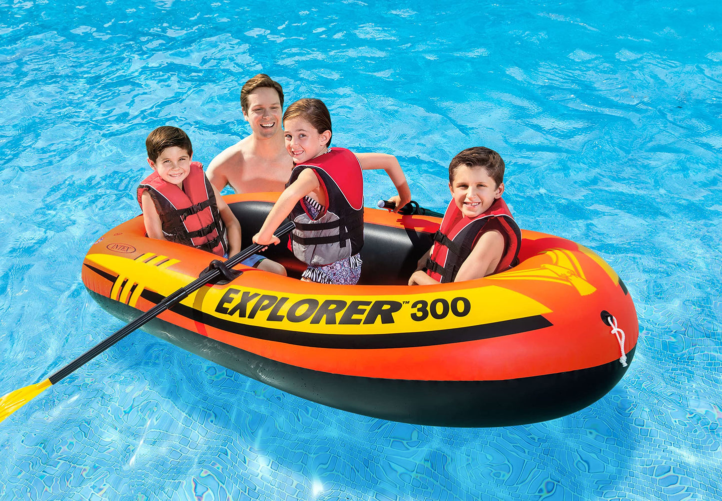 INTEX 58332EP Explorer 300 Inflatable Boat Set: Includes Deluxe Boat Oars and Mini Hand Pump – Dual Air Chambers – Grab Rope – 3-Person – 410lb Weight Capacity