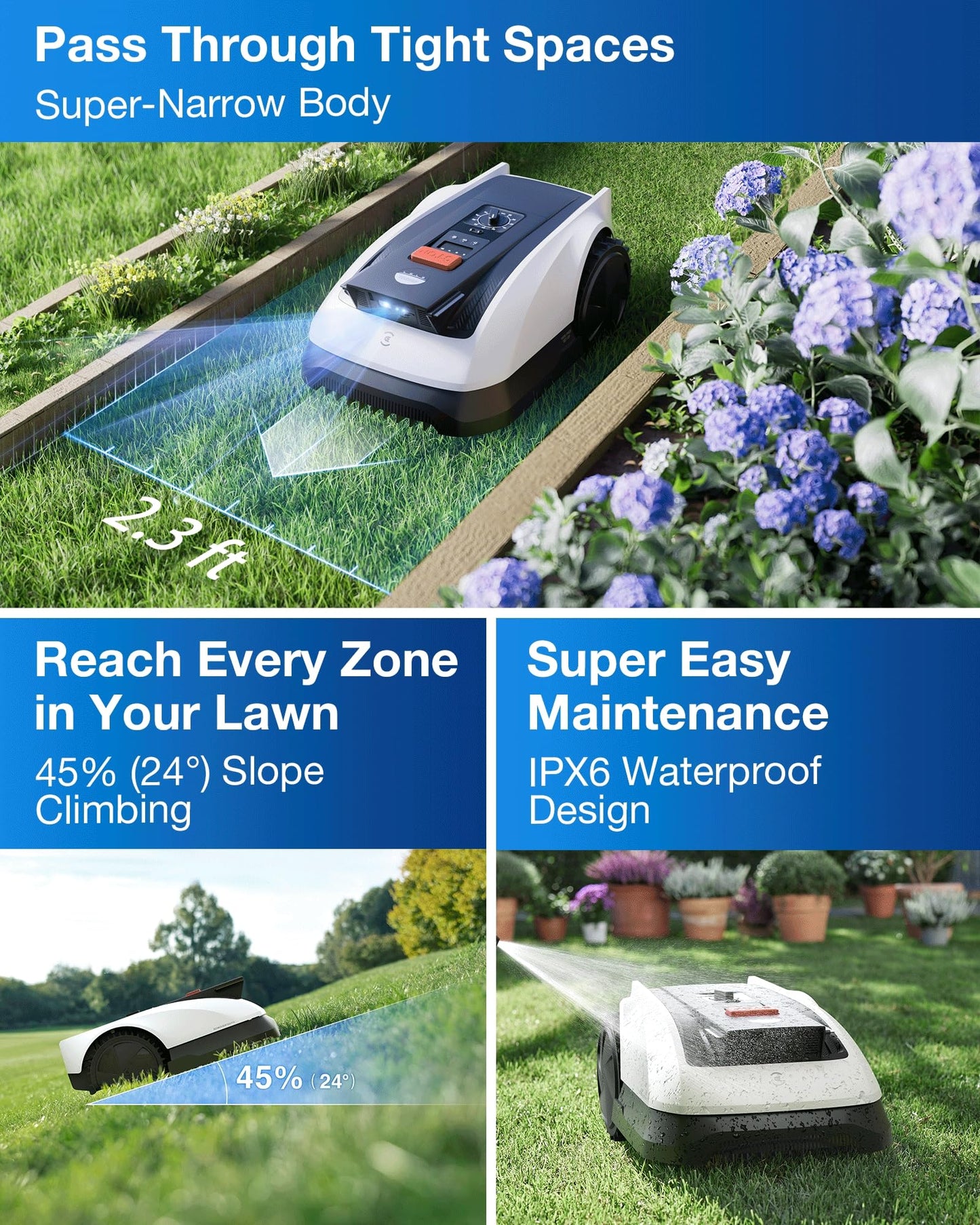 ECOVACS Goat A2500 RTK Robot Lawn Mower, Lidar-Enhanced RTK+Vision Navigation, Auto-Mapping, Dual Blades, Edge Precision Mowing, Perimeter Wire-Free, Suitable for 5/8 Acres Lawn, 50% Slope Capability