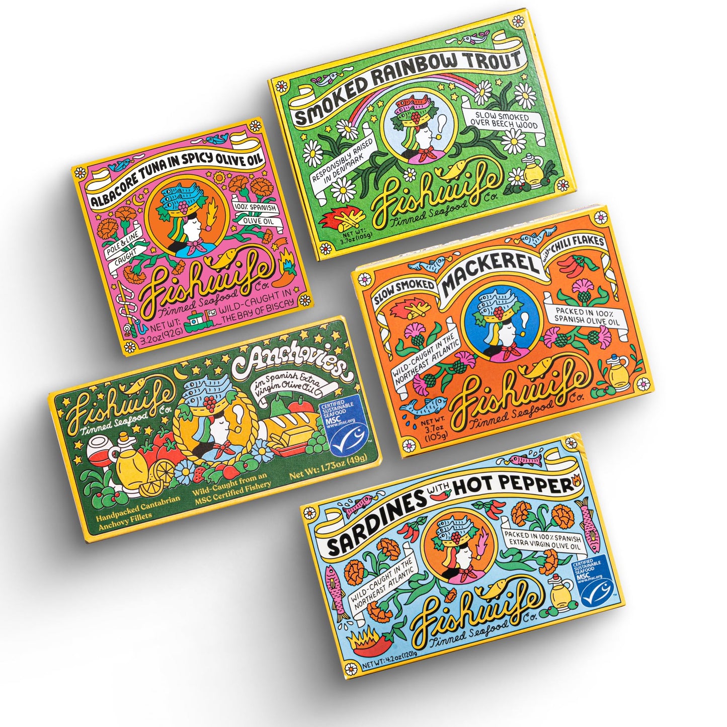 Fishwife Starter 7-Pack (Variety of Tinned Seafood including Smoked Salmon, Rainbow Trout, Sardines, Tuna & More!) | Gluten Free, High Protein | Hand-Packed